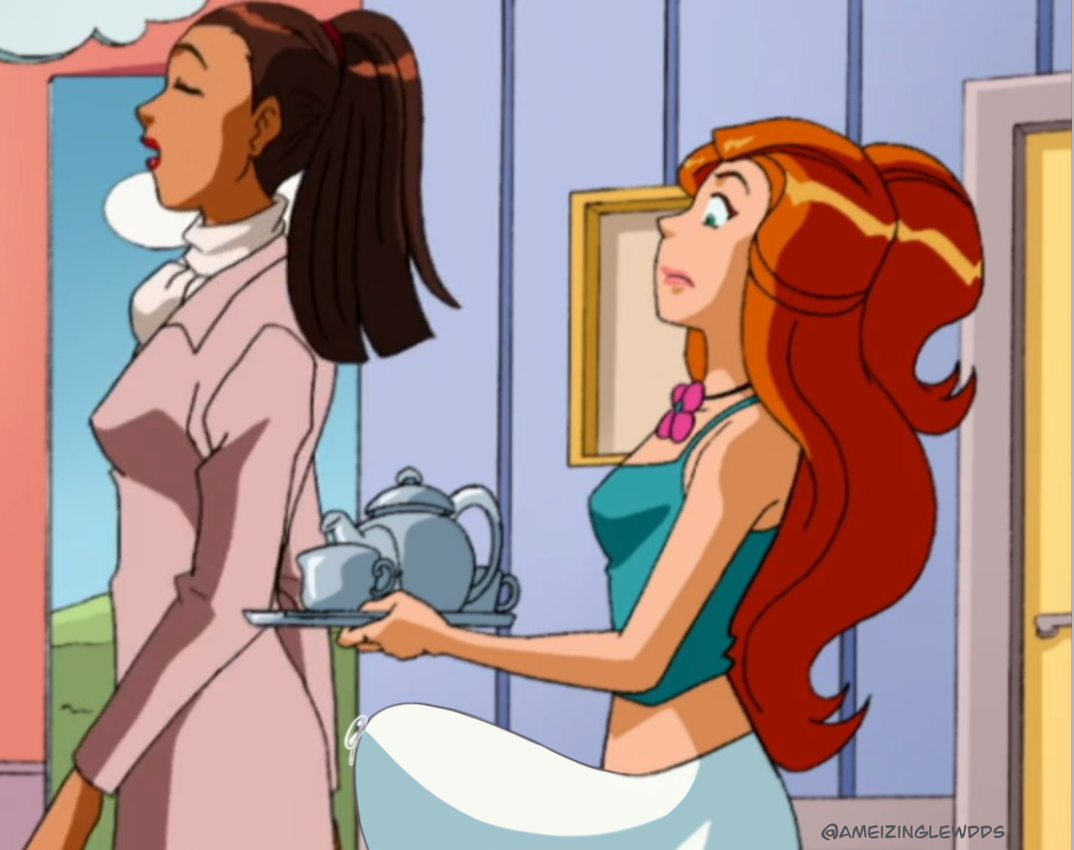 1futa, ameizing lewds, behind another, clothed, clothing, cum, cum through clothes, edit, erection, fully clothed, futanari, huge cock, intersex, penis, sam (totally spies), screencap, screenshot edit, totally spies