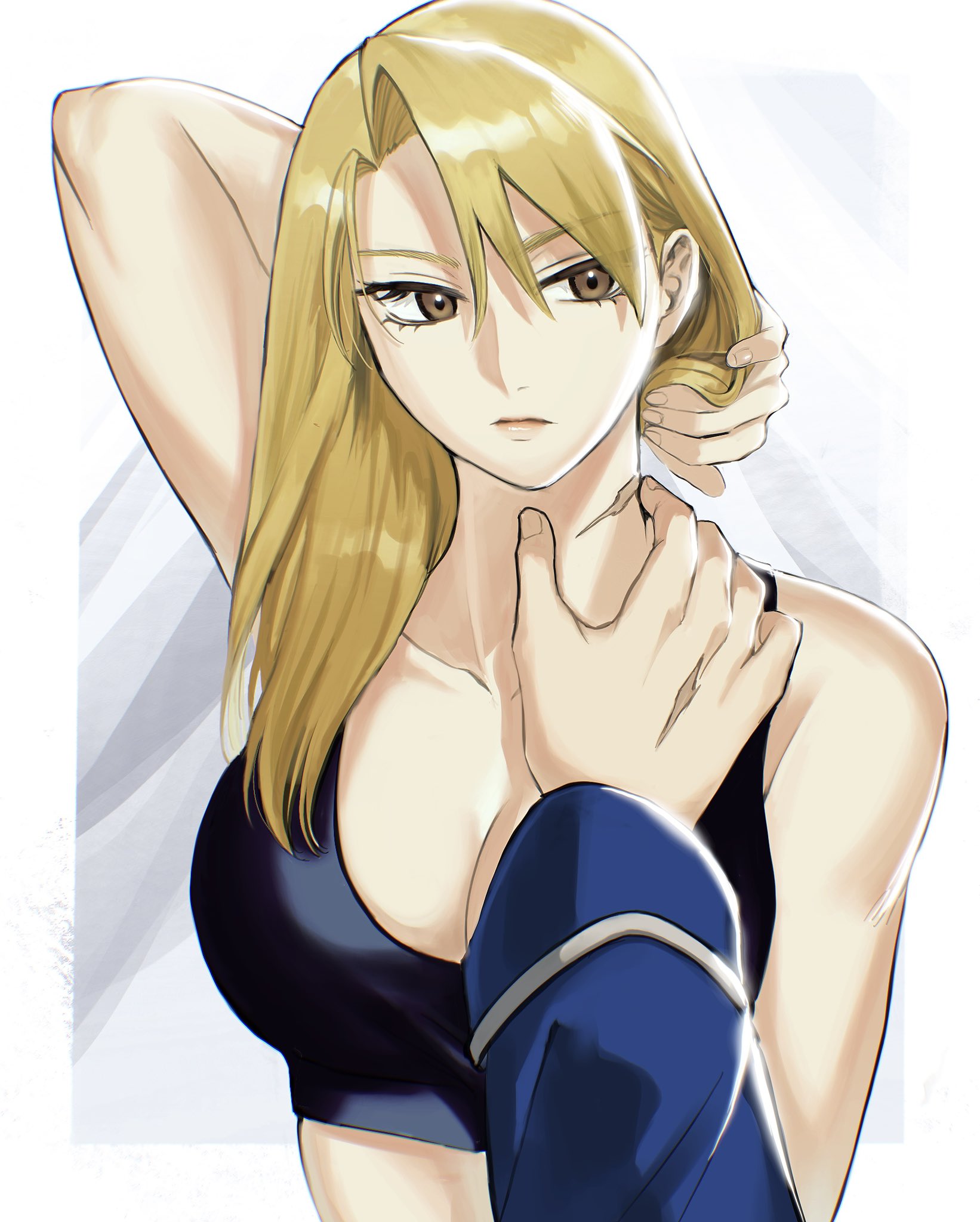 big breasts, blonde hair, breasts, female, fullmetal alchemist, fullmetal alchemist brotherhood, light skin, light-skinned female, light-skinned male, long hair, male, pale skin, pale-skinned female, pale-skinned male, riza hawkeye, roy mustang, scar, tsuki 51219