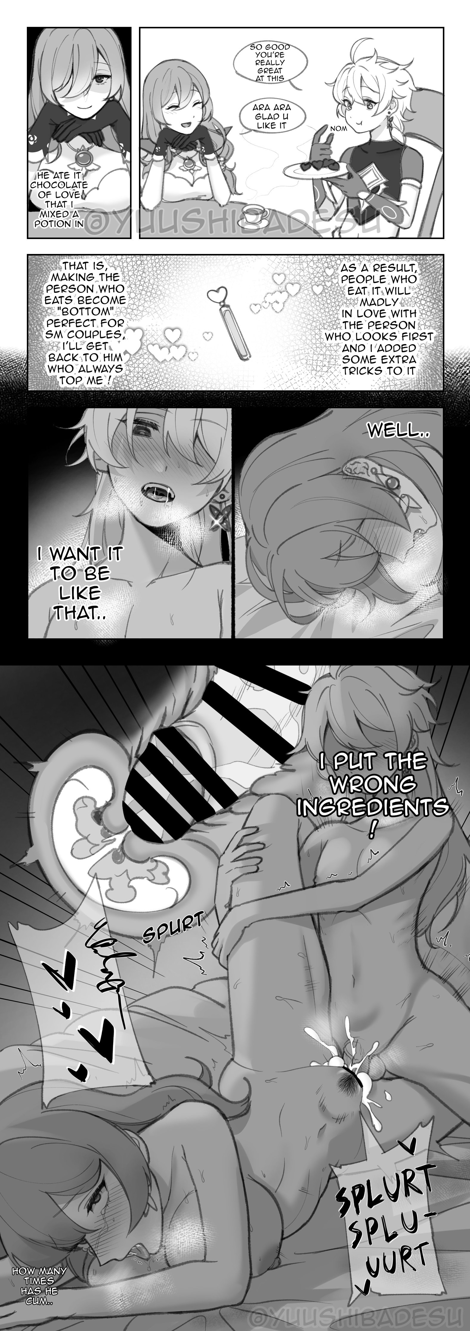1boy, 1girls, aether (genshin impact), ahe gao, ara ara, artist name, backfire, bar censor, censored, chocolate, comic, cum in pussy, dominant male, drugged, english text, female, genshin impact, lisa (genshin impact), long hair, male, milf, monochrome, pussy, sex, speech bubble, straight, tongue, tongue out, yuushiba