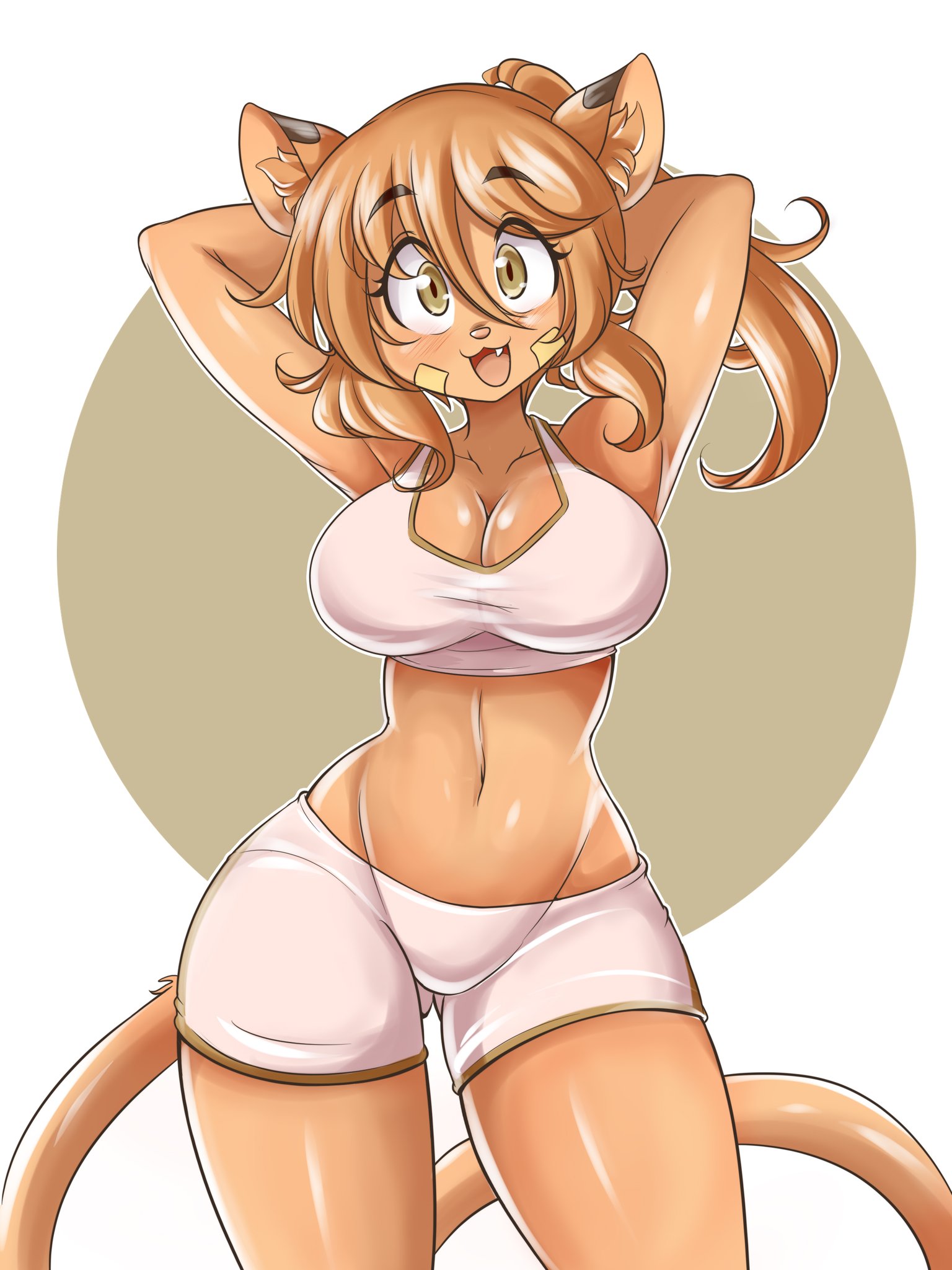 belly button, big breasts, breasts, cleavage, female, female focus, female only, goya (lucyfercomic), lucyfercomic, original, original character, short shorts, sports bra, thick thighs, thighs