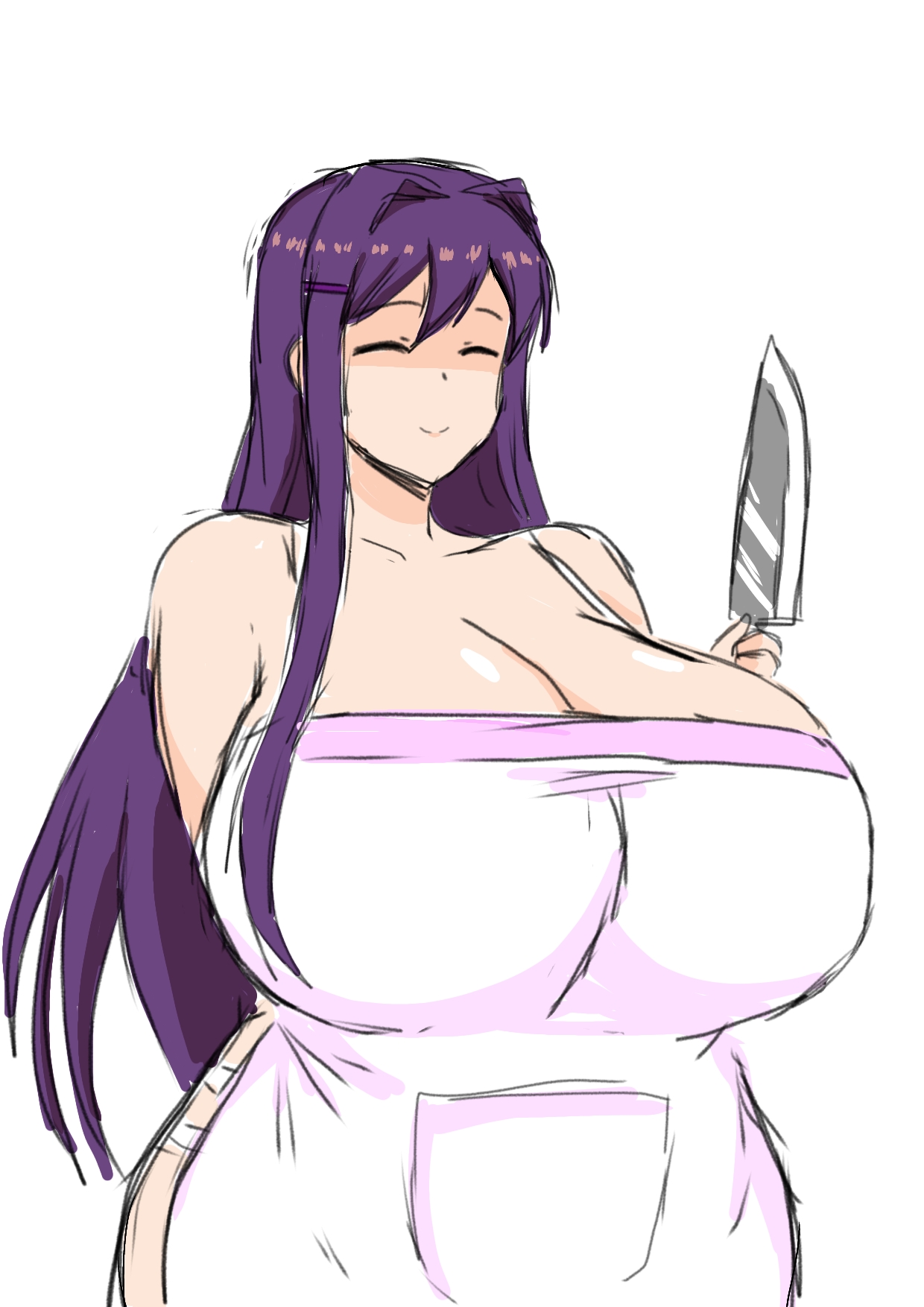 1girls, aged up, apron, apron only, big breasts, breasts, cleavage, curvy, curvy female, curvy figure, doki doki literature club, female, huge breasts, knife, large breasts, light skin, long hair, mature, mature female, milf, momiji (artist), naked apron, plump, purple hair, thick, thick hips, top heavy, venus body, wide hips, yandere, yuri (doki doki literature club)