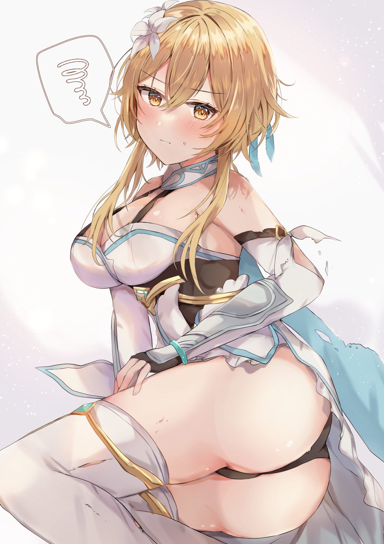 1girls, artist request, ass, black panties, blonde hair, blush, breasts, female, fingerless gloves, genshin impact, lumine (genshin impact), medium breasts, solo, solo female, solo focus, thighhighs, yellow eyes