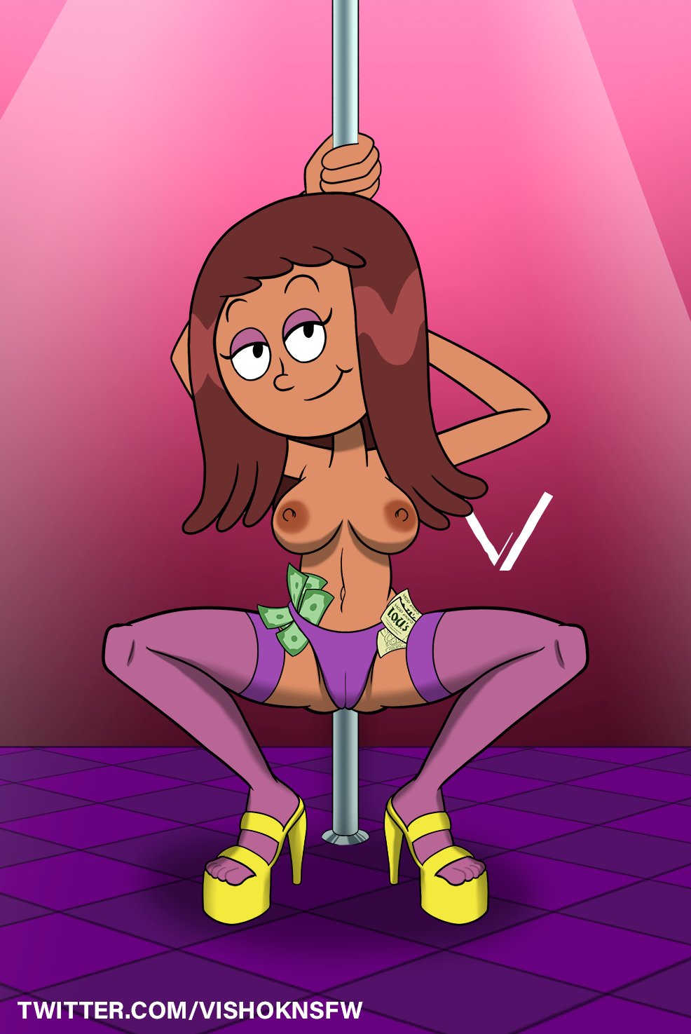 1girls amphibia anne_boonchuy breasts brown_hair dark-skinned_female dark_skin disney disney_channel eyebrows eyelashes eyeshadow feet female female_only half-closed_eyes high_heels long_hair money navel nipples pose smile smooth_skin solo stripper_pole toes topless vishoknsfw