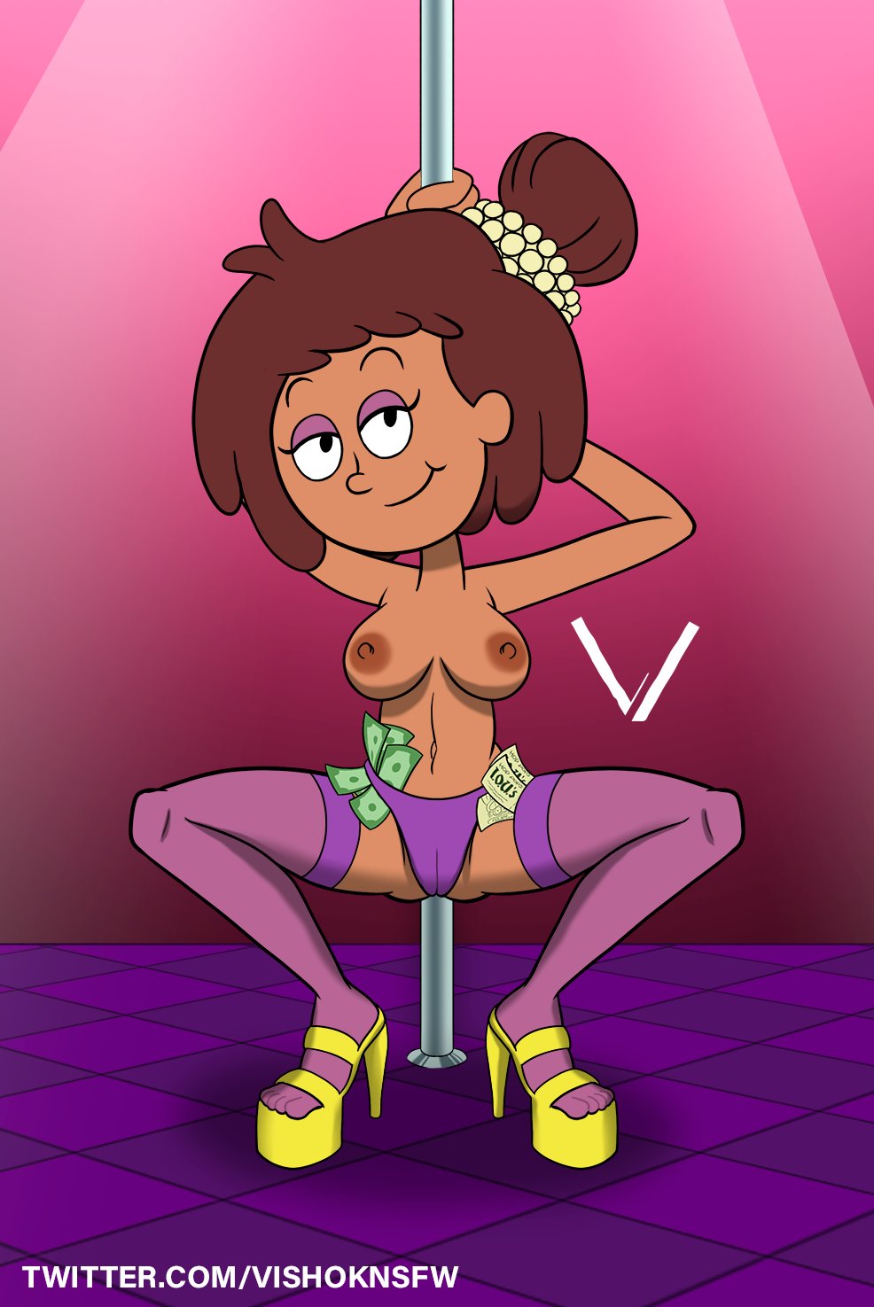 1girls amphibia anne_boonchuy breasts brown_hair dark-skinned_female dark_skin disney disney_channel eyebrows eyelashes eyeshadow feet female female_only half-closed_eyes high_heels money navel nipples pose smile smooth_skin solo stripper_pole toes topless vishoknsfw