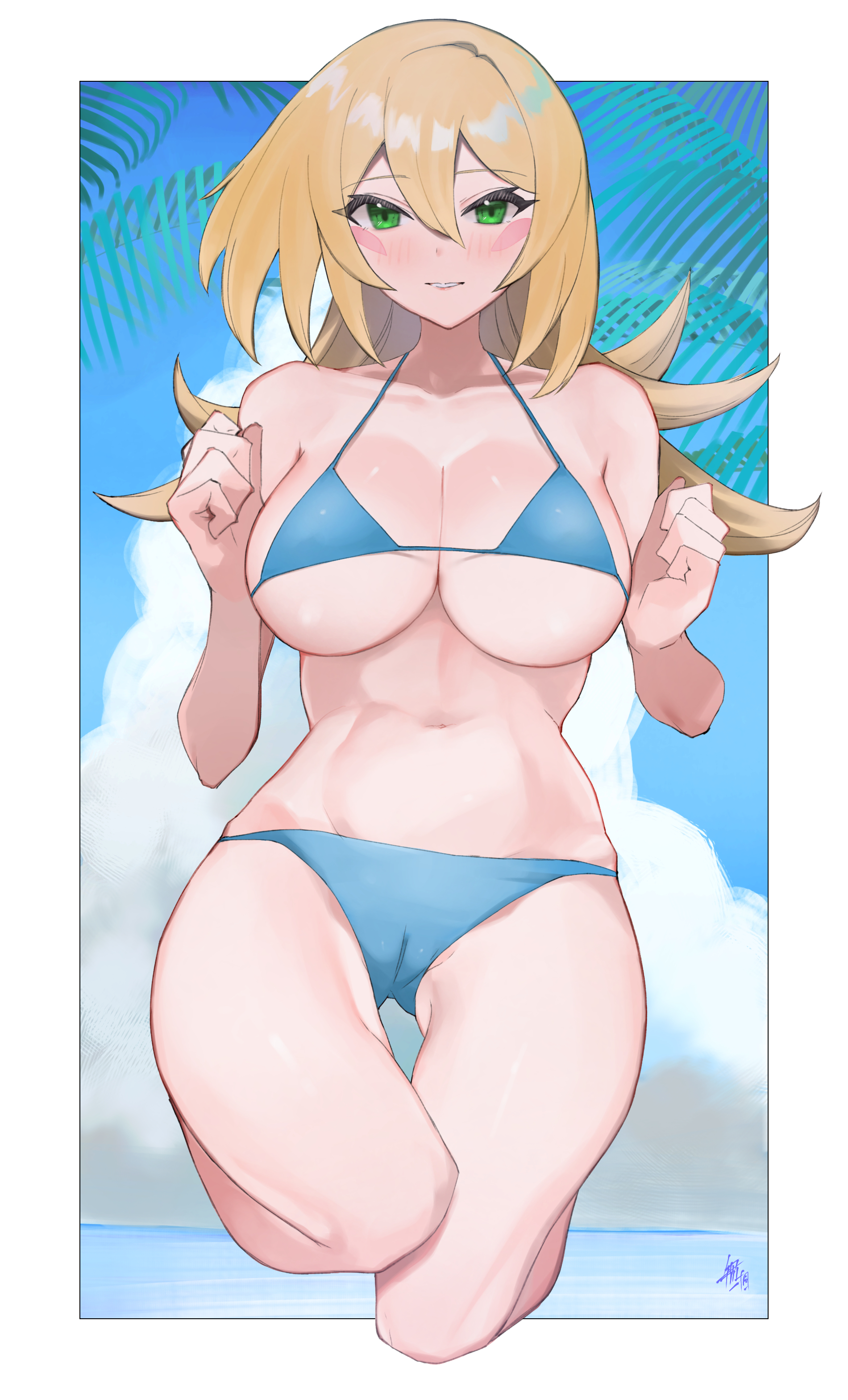 1girls, 2022, beach, belly button, bikini, blonde hair, blue bikini, blue sky, blush, breasts, dark magician girl, embarrassed, female, female only, green hair, hi res, hips, huge breasts, kataku musou, long hair, looking at viewer, outdoors, slim waist, thick thighs, thighs, white border, wide hips, yu-gi-oh!