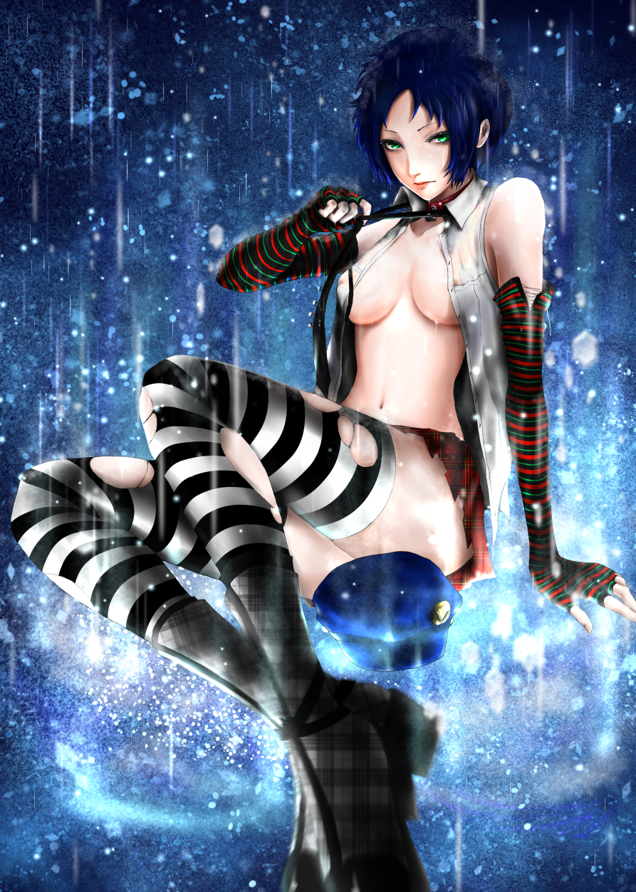 artist_request blue_hair green_eyes looking_at_viewer marie_(persona_4) medium_breasts partially_clothed persona persona_4 persona_4_the_golden rain striped_legwear unbuttoned_shirt undressing wet_clothes