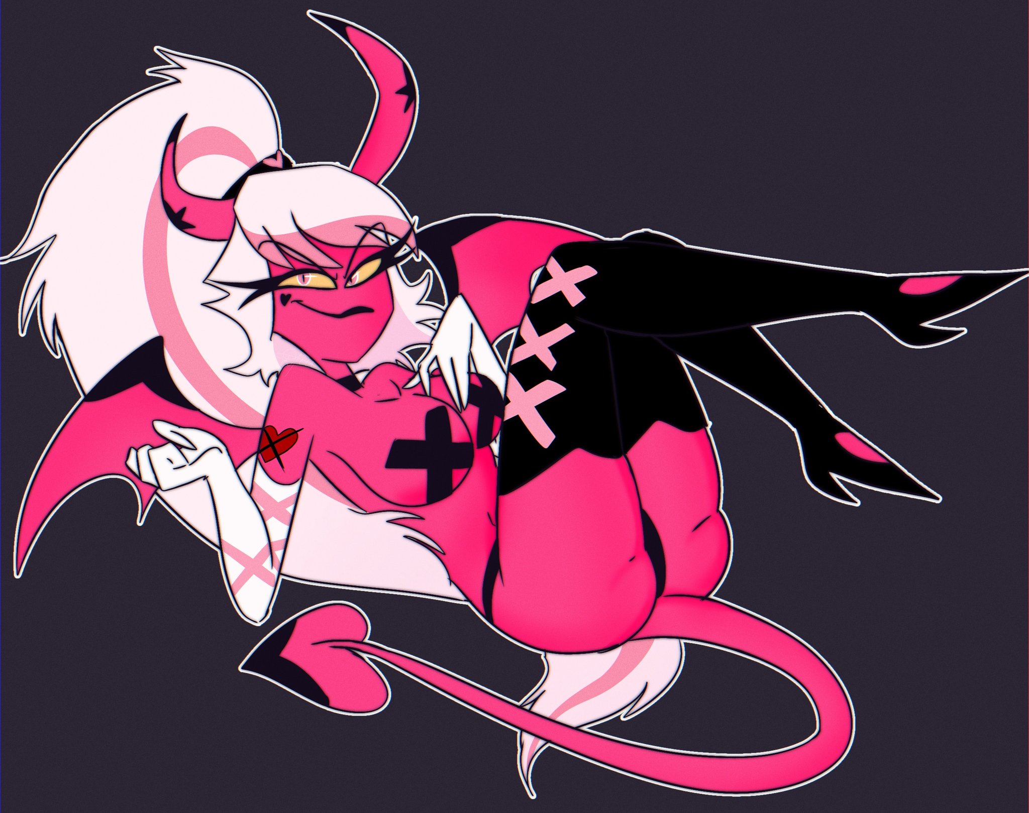 1girls, armwear, ass, black tail, black wings, breasts, covered nipples, demon, demon girl, female, female focus, female only, half-closed eyes, hand on breast, heart, helluva boss, horns, kkcq20yk0db5mak, legs up, legwear, lipstick, long tail, looking away, pink body, pink eyes, pink hair, pink skin, pink tail, pink wings, ponytail, purple tail, smile, smiling, solo, solo female, solo focus, star, succubus, two-tone hair, two-tone tail, two-tone wings, verosika mayday (helluva boss), vivienne medrano, white hair, wings