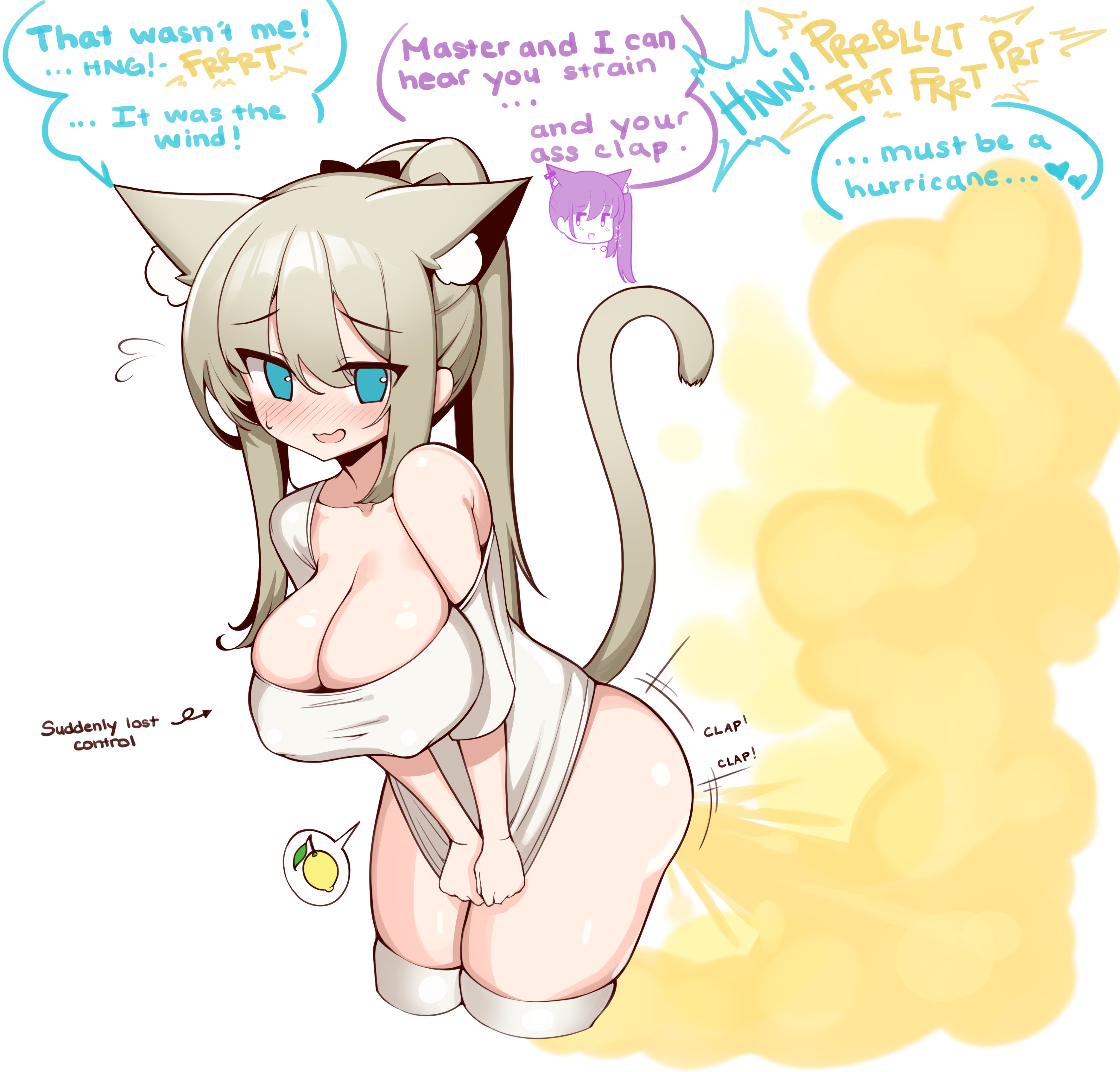 2girls, actfourteen, ass, ass clapping, asshole, big ass, blue eyes, blushing, cat ears, cat girl, cat tail, catgirl, embarrassed, fart, fart cloud, fart fetish, farting, female, female only, kyouka (actfourteen), multiple females, multiple girls, offscreen character, sayaka (actfourteen), solo