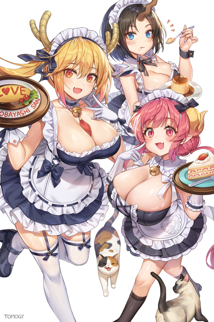 3girls :3 :d :t bell black_hair cake calico_cat cat eating elma_(dragon_maid) fangs feline horns ilulu_(dragon_maid) maid_uniform mary_janes miss_kobayashi's_dragon_maid neckwear orange_hair peace_sign plate red_hair siamese_cat smiling stockings tohru_(dragon_maid) tomogy white_background writing