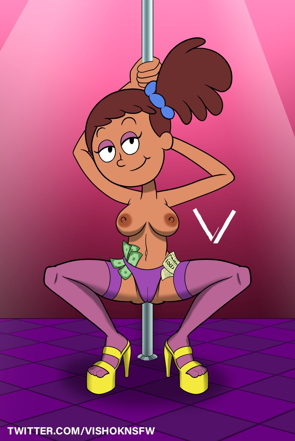 1girls amphibia anne_boonchuy breasts brown_hair dark-skinned_female dark_skin disney disney_channel eyebrows eyelashes eyeshadow feet female female_only half-closed_eyes high_heels money navel nipples pose side_ponytail smile smooth_skin solo stripper_pole toes topless vishoknsfw