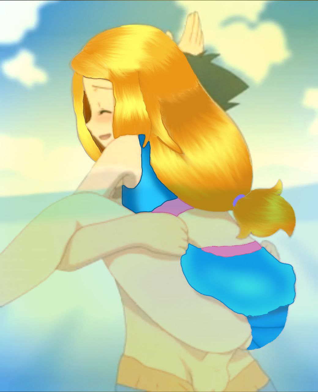 ash ketchum, bad edit, bikini, black hair, blonde hair, brawl stars, clothed, clothed sex, edit, faceless male, female, game freak, human only, male, nintendo, outdoors, outside, partially submerged, penetration, penis, piper (brawl stars), pokemon, satoshi (pokemon), serena (pokemon), straight, tagme, third-party edit