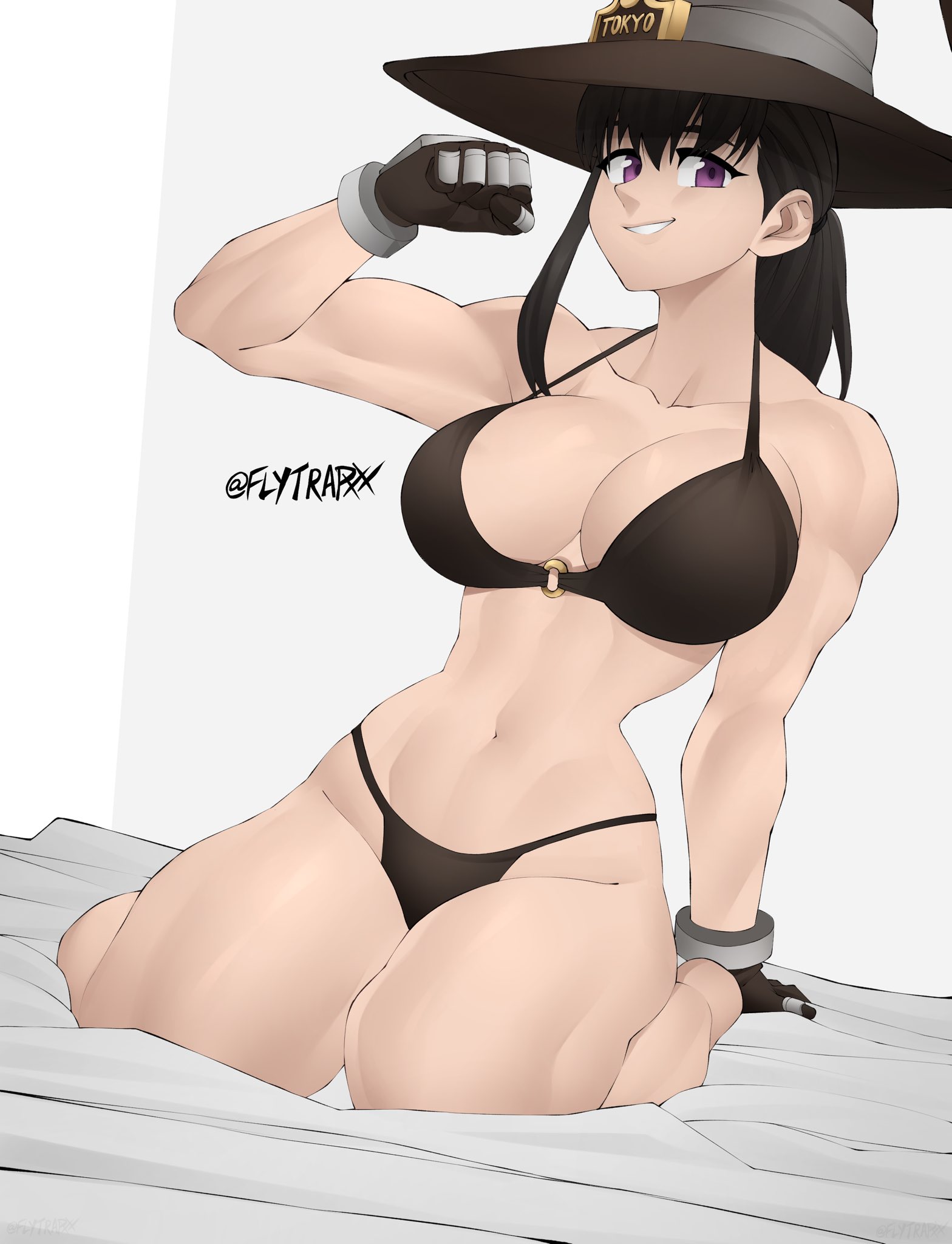 1girls, bed, bedroom, belly button, big breasts, bikini, black bikini, black swimsuit, breasts, dark hair, enen no shouboutai, feet out of frame, female, fire force, flexing, flexing bicep, flytrapxx, gloves, light skin, light-skinned female, looking at viewer, muscular, muscular female, oze maki, purple eyes, smile, smiling, smiling at viewer, swimsuit, thick thighs, thighs, toned, toned body, toned female, witch hat