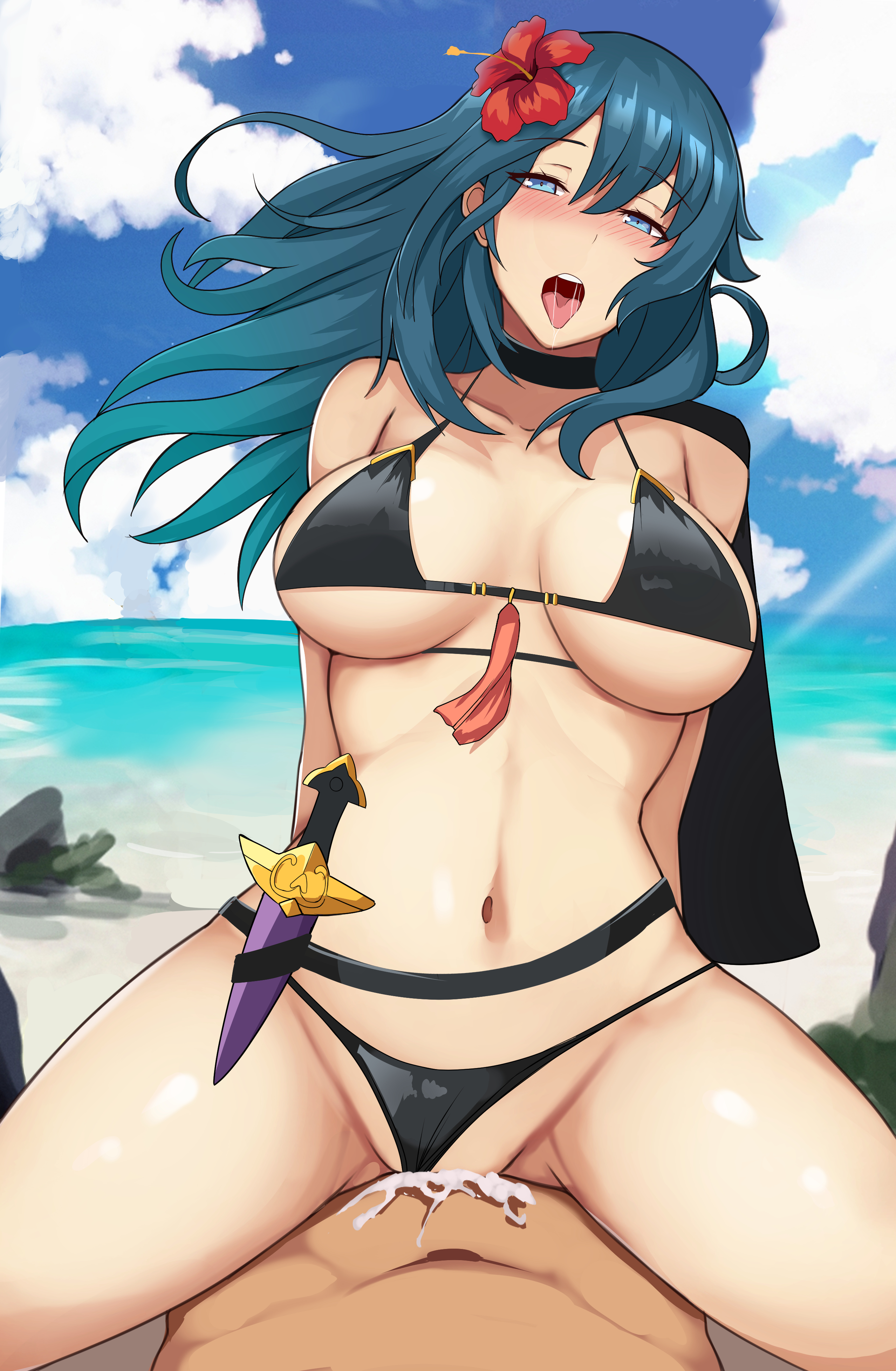1girls, absurd res, alternate costume, beach, bikini, black bikini, black swimsuit, blue eyes, breasts, byleth (fire emblem), byleth (fire emblem) (female), cowgirl position, cum, cum in pussy, cum inside, female, female focus, female on top, female penetrated, fire emblem, fire emblem heroes, fire emblem: three houses, hair flower, hi res, hibiscus, knife, lainart, large breasts, long hair, male, nintendo, ocean, official alternate costume, open mouth, outdoors, pov, pussy, red flower, sex, solo focus, swimsuit, teal hair, tongue, tongue out, vaginal penetration