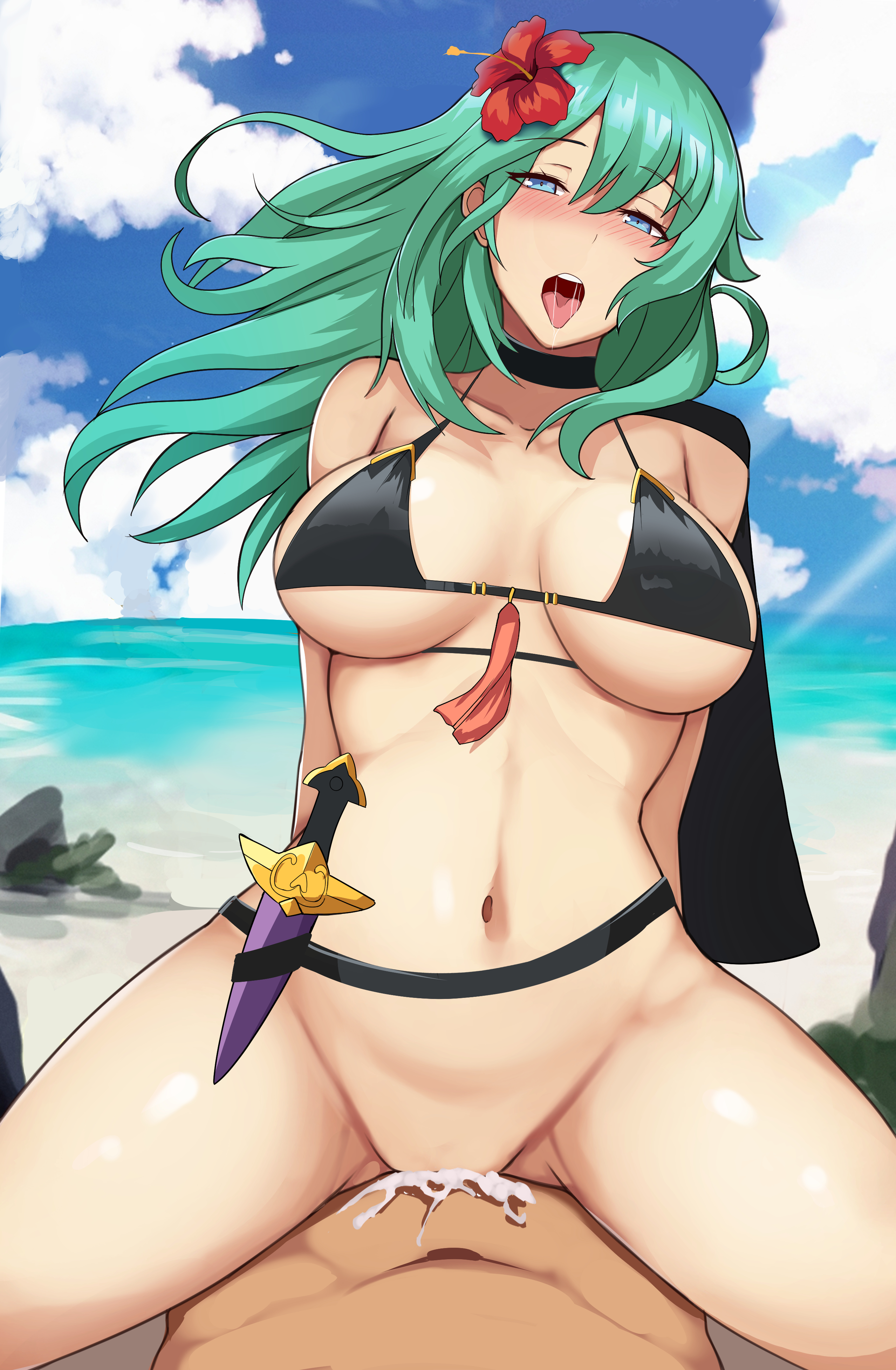 1girls, absurd res, alternate costume, alternate version available, bare thighs, beach, bikini, bikini top, black bikini, black swimsuit, blue eyes, blush, bottomless, breasts, byleth (fire emblem), byleth (fire emblem) (female), cowgirl position, cum, cum in pussy, cum inside, female, female focus, female on top, female penetrated, fire emblem, fire emblem heroes, fire emblem: three houses, flower, green hair, hair flower, hi res, hibiscus, knife, lainart, large breasts, long hair, male, nintendo, ocean, official alternate costume, open mouth, outdoors, pov, pussy, red flower, saliva, sex, sideboob, solo focus, straddling, swimsuit, thighs, tongue, tongue out, underboob, vaginal penetration