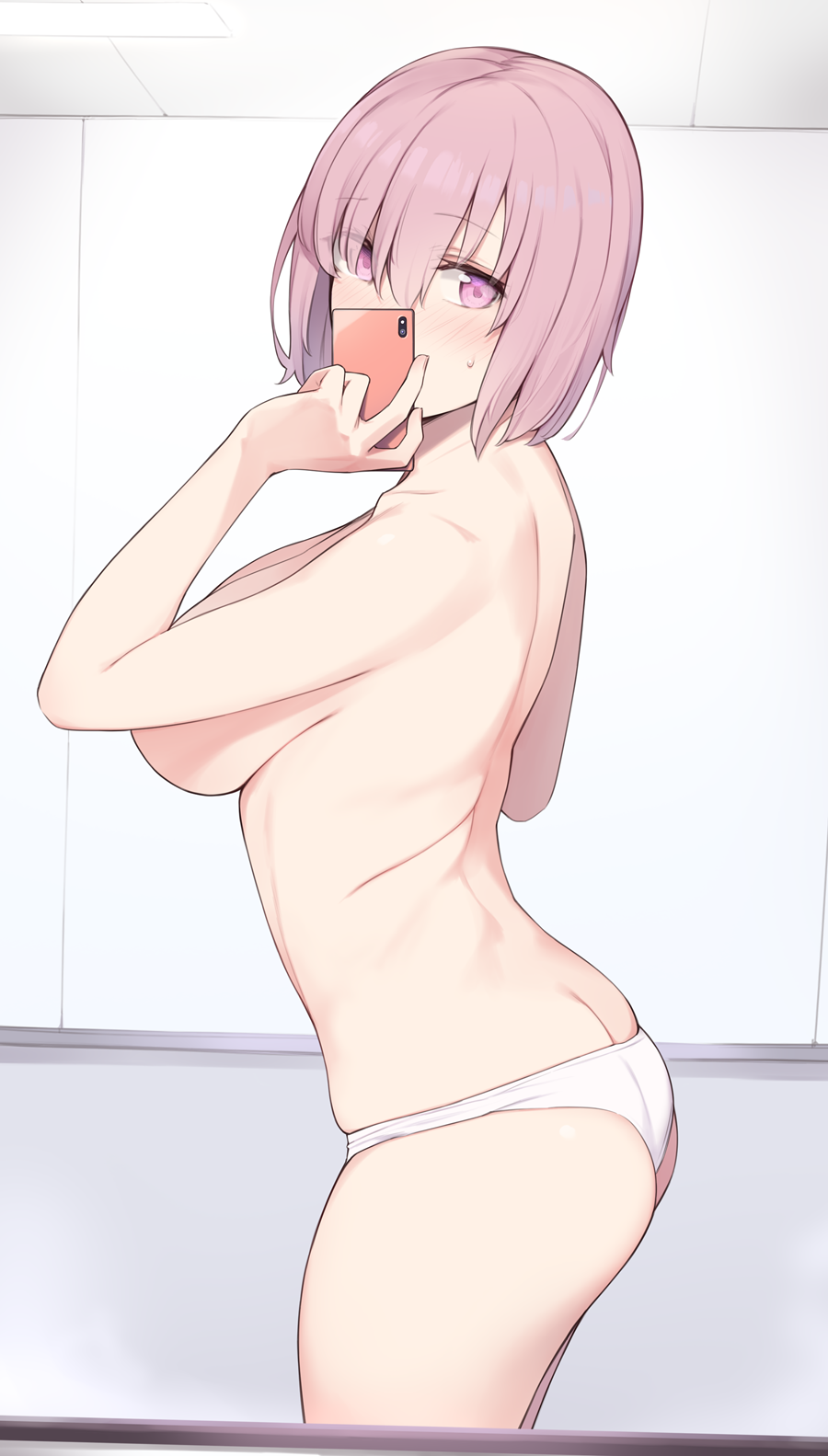 ass ass_cleavage blush breasts butt_crack cellphone convenient_arm cowboy_shot enosan eyebrows_visible_through_hair fate/grand_order fate_(series) female from_side hair_over_one_eye highres indoors large_breasts looking_at_viewer mash_kyrielight panties phone pink_eyes pink_hair reflection selfie short_hair skindentation smartphone solo sweatdrop topless underwear underwear_only white_panties