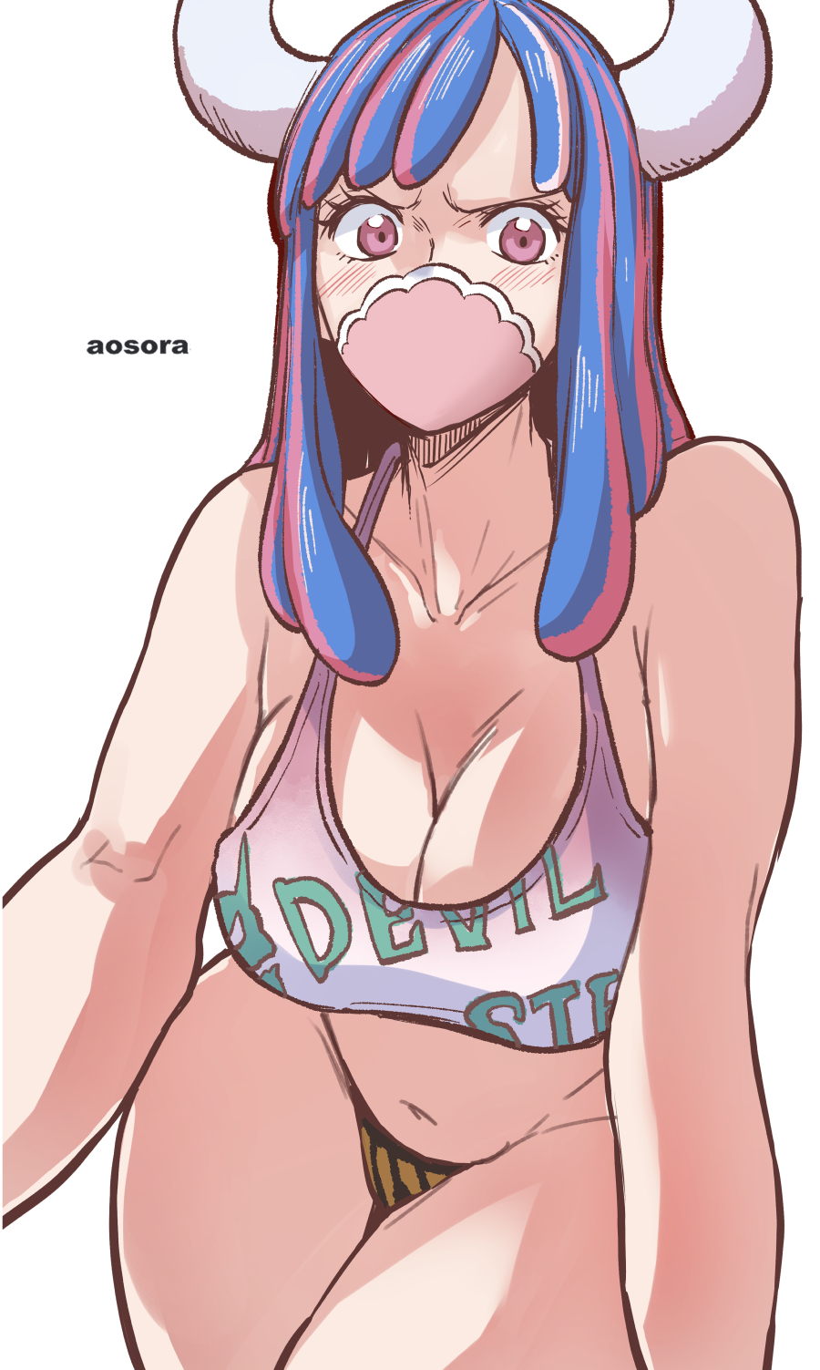 1girls, aosora, ass, belly, big ass, big breasts, blue hair, blue-haired female, blush, blush lines, blushing at viewer, breasts, devil sister swimsuit, female, female focus, female only, half naked, horns, light skin, light-skinned female, long hair, looking at viewer, mouth mask, one piece, oppai, pale skin, pale-skinned female, pink eyes, solo, solo female, thick, thick legs, thick thighs, two-tone hair, ulti (one piece), underwear, wide hips