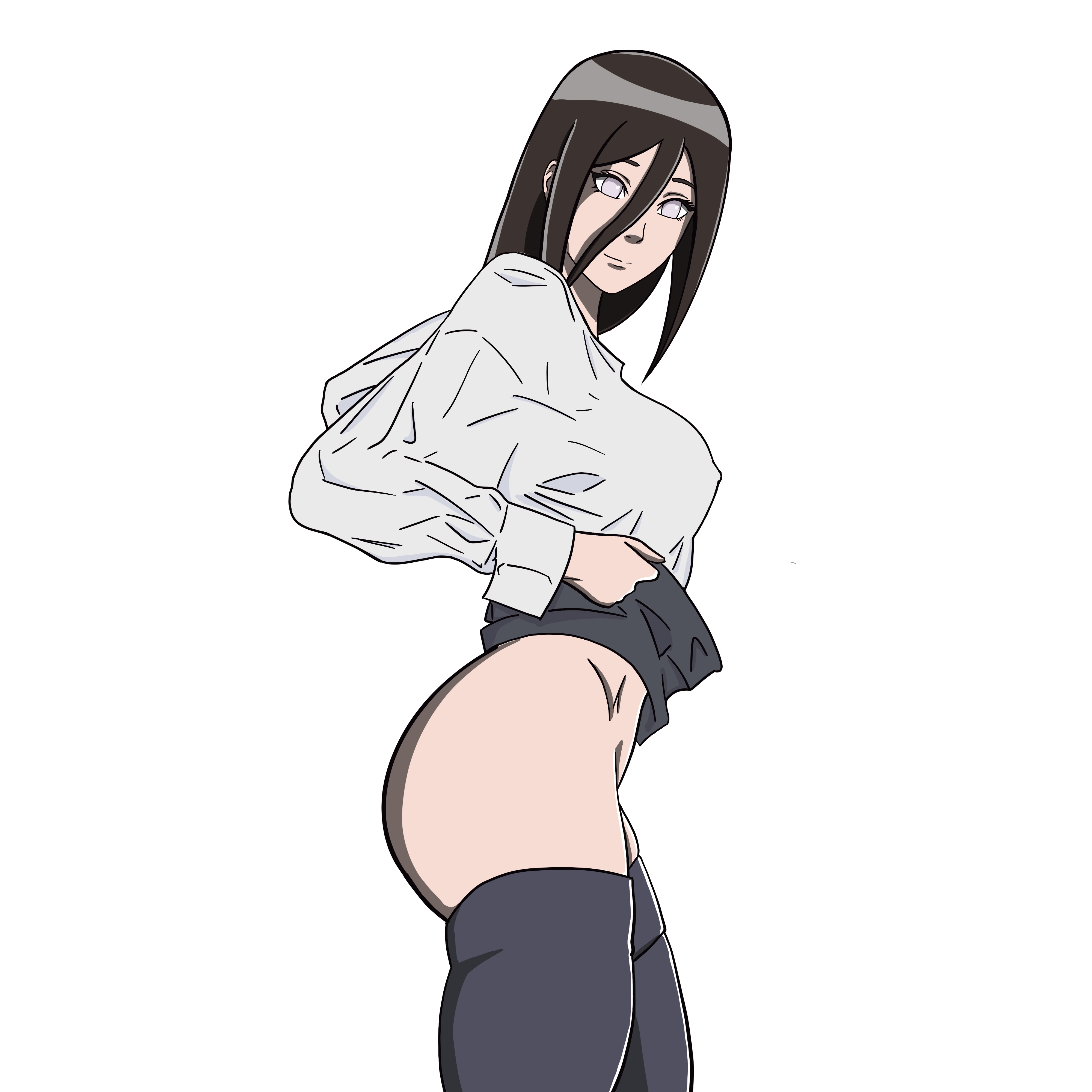 1girls, alternate costume, artyom9927, ass, big ass, big breasts, boruto: naruto next generations, breasts, brown hair, clothed female, clothing, clothing lift, erect nipples, erect nipples under clothes, female, female only, hair over one eye, hyuuga hanabi, legwear, lifted by self, light skin, light-skinned female, long hair, naruto, naruto (series), nipples, no panties, plain background, shirt, side view, sideboob, simple background, skirt, skirt lift, solo, solo focus, thighhighs, violet eyes, white background