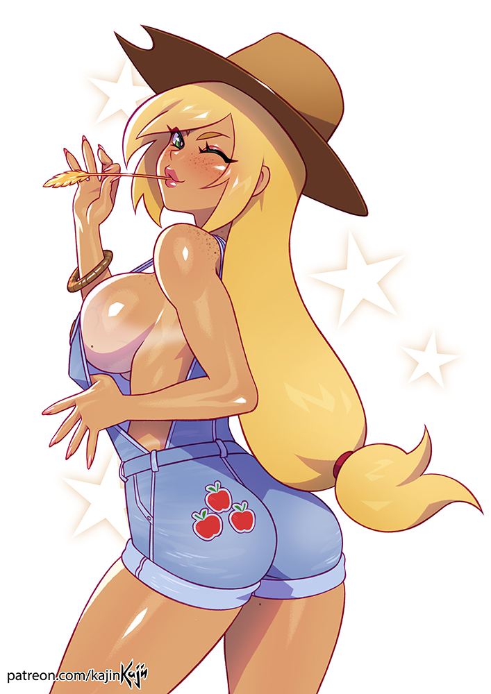 1girls, applejack (mlp), ass, big ass, big breasts, blonde female, blonde hair, breasts, female, female only, freckles, friendship is magic, green eyes, human, humanized, kajinman, large breasts, looking at viewer, looking back, my little pony, sideboob, solo, white background