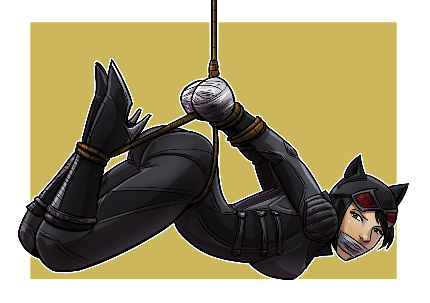 1girls, batman (series), batman: arkham knight, bondage, boots, bound, bound ankles, bound arms, bound wrists, catwoman, clothed, clothed female, dc, dc comics, female, female only, gag, gagged, high heel boots, hogtied, restrained, rope bondage, selina kyle, solo, solo female, suspension, suspension bondage, tape gag, taped hands, taped mouth, tied up
