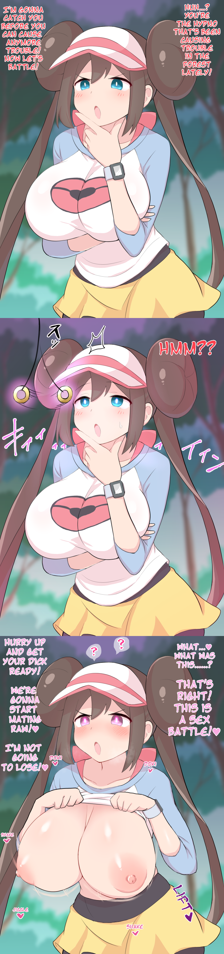 1girls alternate_breast_size areolae big_breasts blush bouncing_breasts breasts brown_hair cap clothing collarbone common_sense_change d_jirooo double_bun english_text female hard_translated headwear huge_breasts human hypno hypnosis hypnotized_undressing large_breasts long_hair male mind_control multiple_images nintendo nipples pale_skin pokemon pokemon_(species) pokemon_bw2 presenting presenting_breasts rosa_(pokemon) seductive shiny_skin shirt shirt_lift shirt_up solo text thinking third-party_edit tomboy translated twintails wristwear