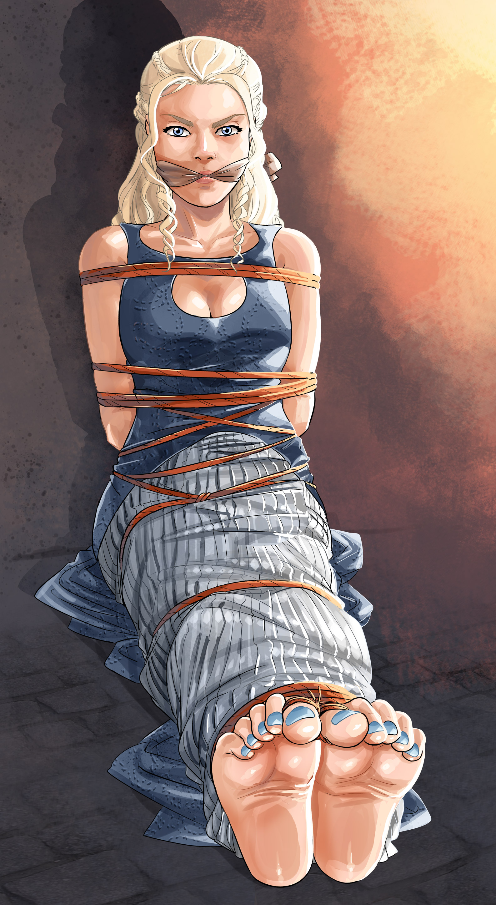 a song of ice and fire, barefoot, blue toenails, bondage, daenerys targaryen, female, foot fetish, gag, gagged, game of thrones, lostonezero, rope bondage, tied up, toenail polish