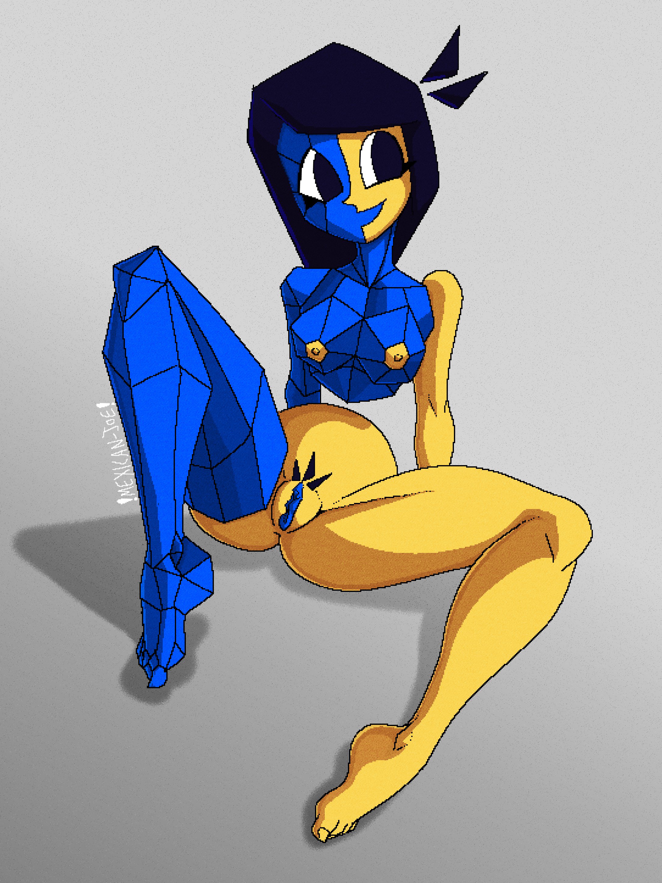 1girls, black hair, blue pussy, blue skin, blue vagina, boobs, breasts, ena, ena (series), female, female only, grey background, joel g, medium breasts, mexicanjoe, nipples, nude, nude female, pussy, solo, solo female, thick thighs, tits, two-tone skin, vagina, yellow nipples, yellow skin
