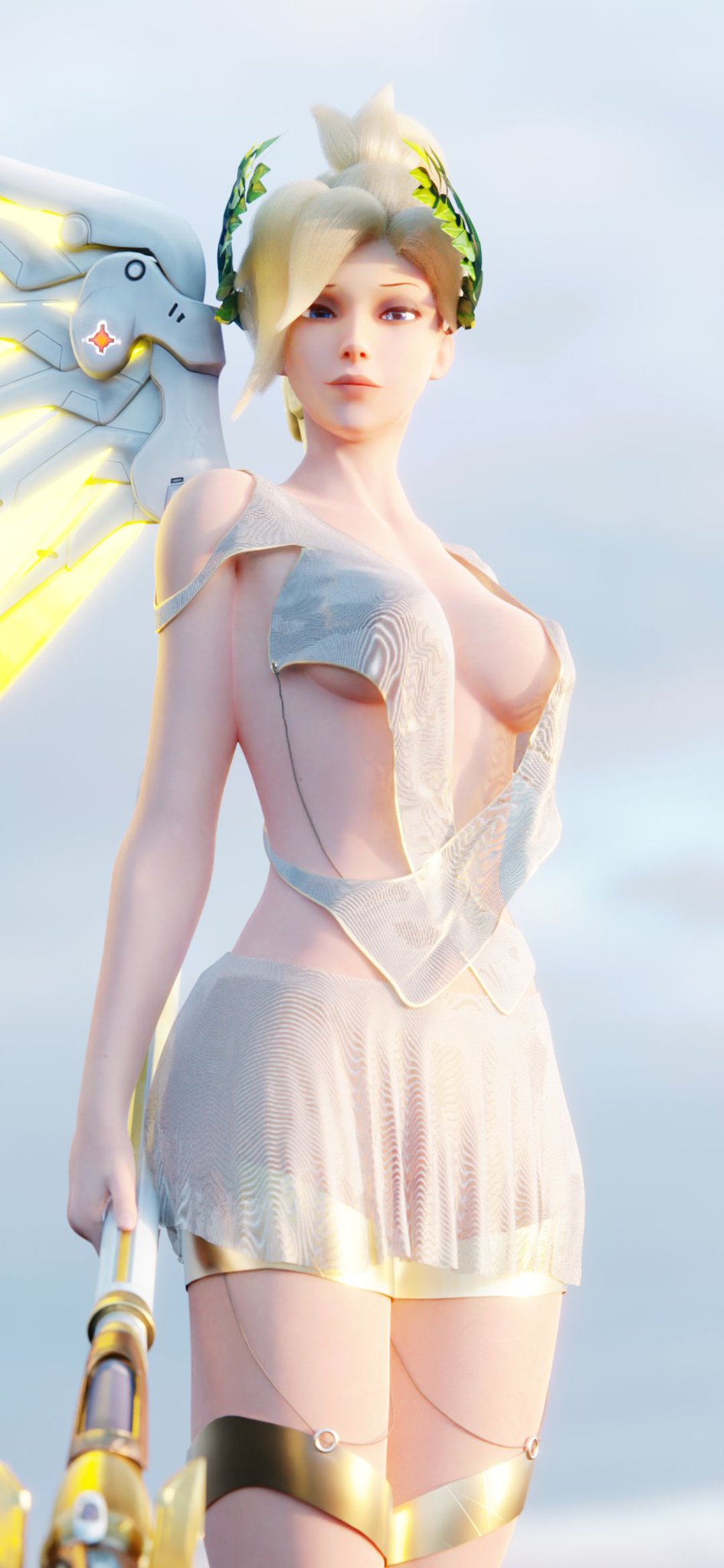 1girls 3d alternate_costume bare_shoulders clothed female female_only inner_sideboob looking_at_viewer lowres mercy overwatch skimpy_clothes solo solo_female swiss_angel thigh_strap underboob winged_victory_mercy