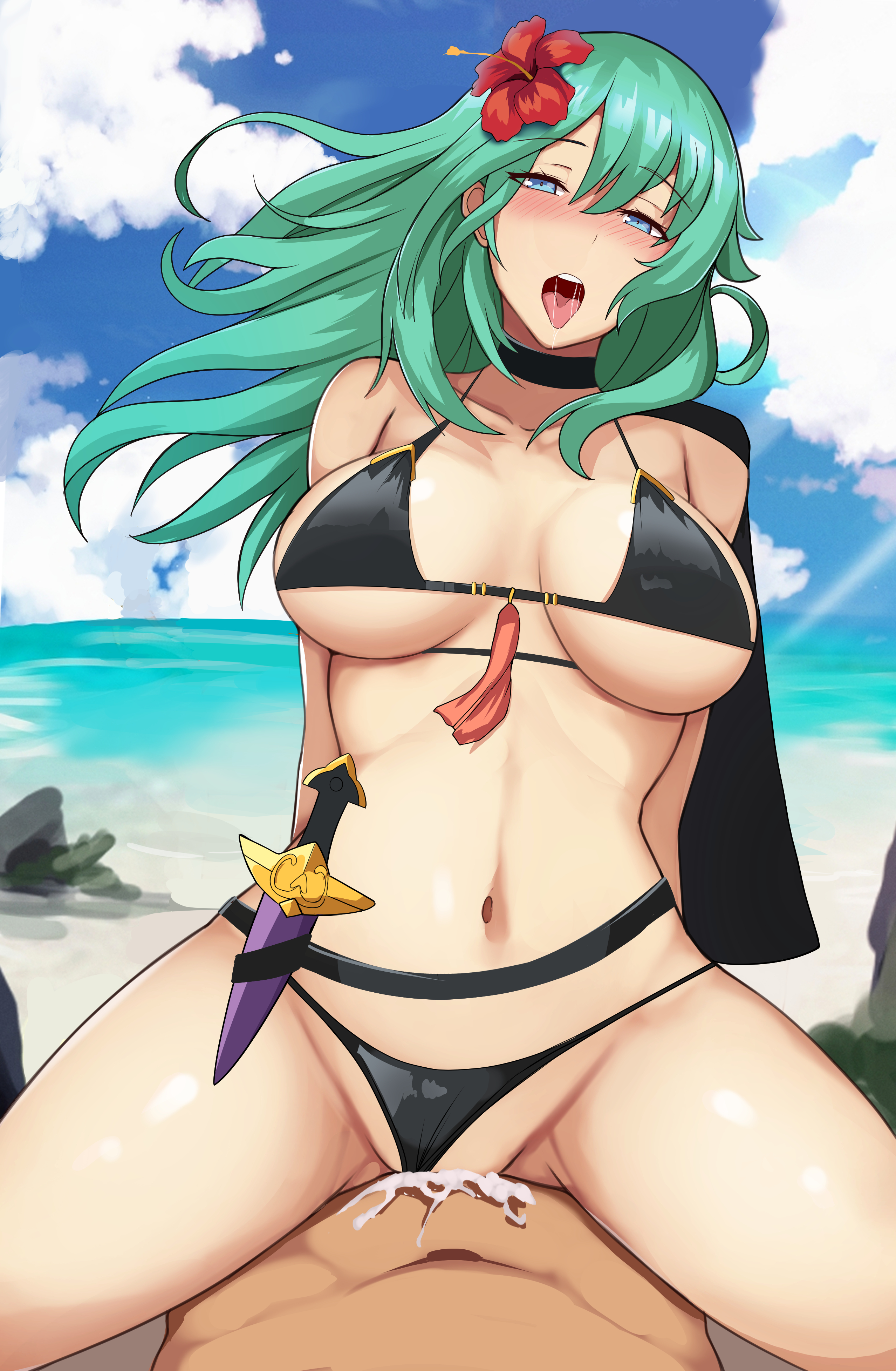 1boy, 1girls, absurd res, alternate costume, alternate version available, bare thighs, beach, bikini, black bikini, black swimsuit, blue eyes, blush, breasts, byleth (fire emblem), byleth (fire emblem) (female), cowgirl position, cum, cum in pussy, cum inside, female, female focus, female on top, female penetrated, fire emblem, fire emblem heroes, fire emblem: three houses, flower, green hair, hair flower, hi res, hibiscus, lainart, large breasts, long hair, male, nintendo, ocean, official alternate costume, open mouth, outdoors, pov, pussy, red flower, saliva, sex, solo focus, straddling, swimsuit, thighs, tongue, tongue out, underboob, vaginal penetration