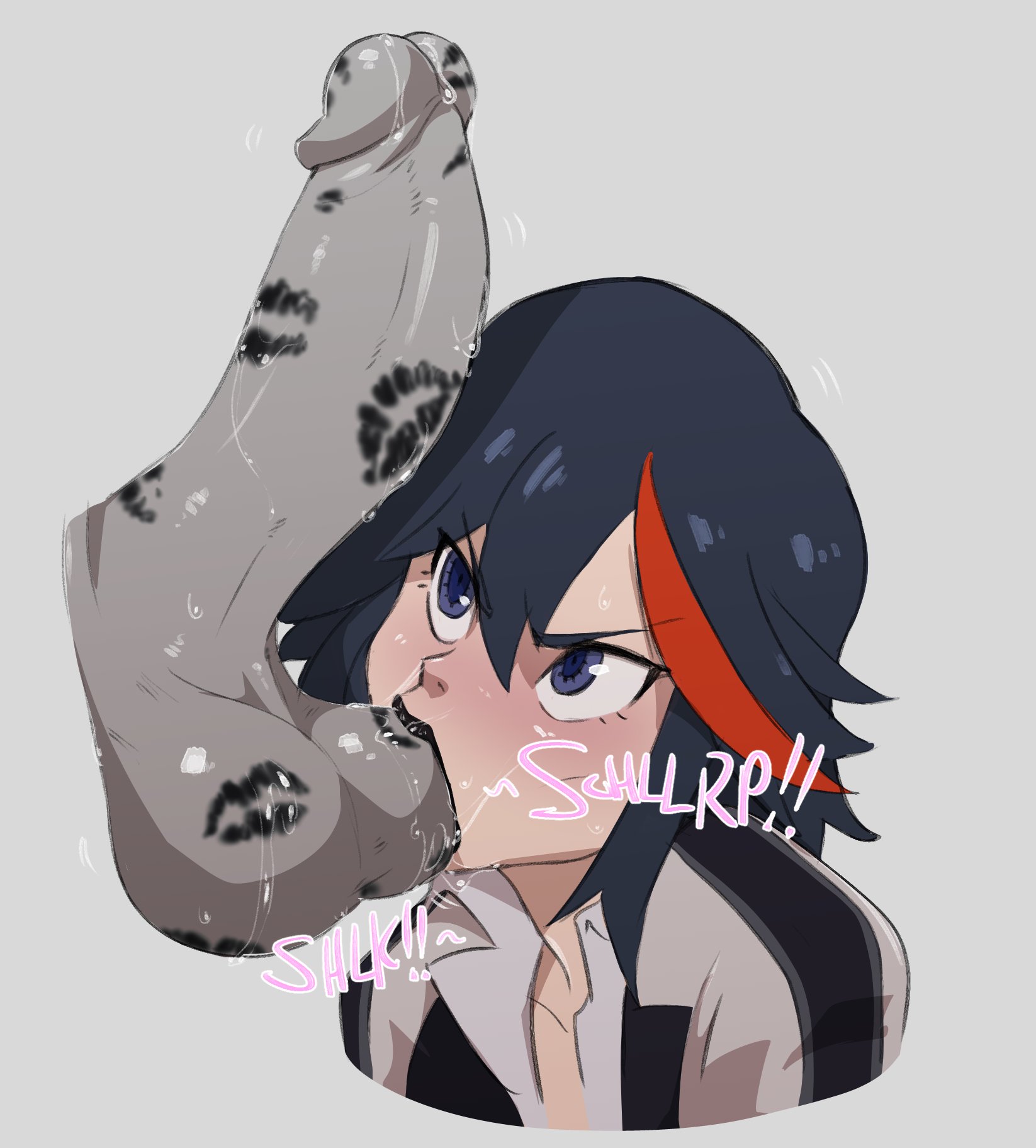 1boy, 1girls, balls, balls sucking, black lipstick, black lipstick mark on penis, clothed female nude male, disembodied penis, faceless male, female, guillion (toshkarts), huge cock, kill la kill, lipstick, lipstick mark, lipstick on balls, lipstick on penis, male, matoi ryuuko, oral, penis, studio trigger