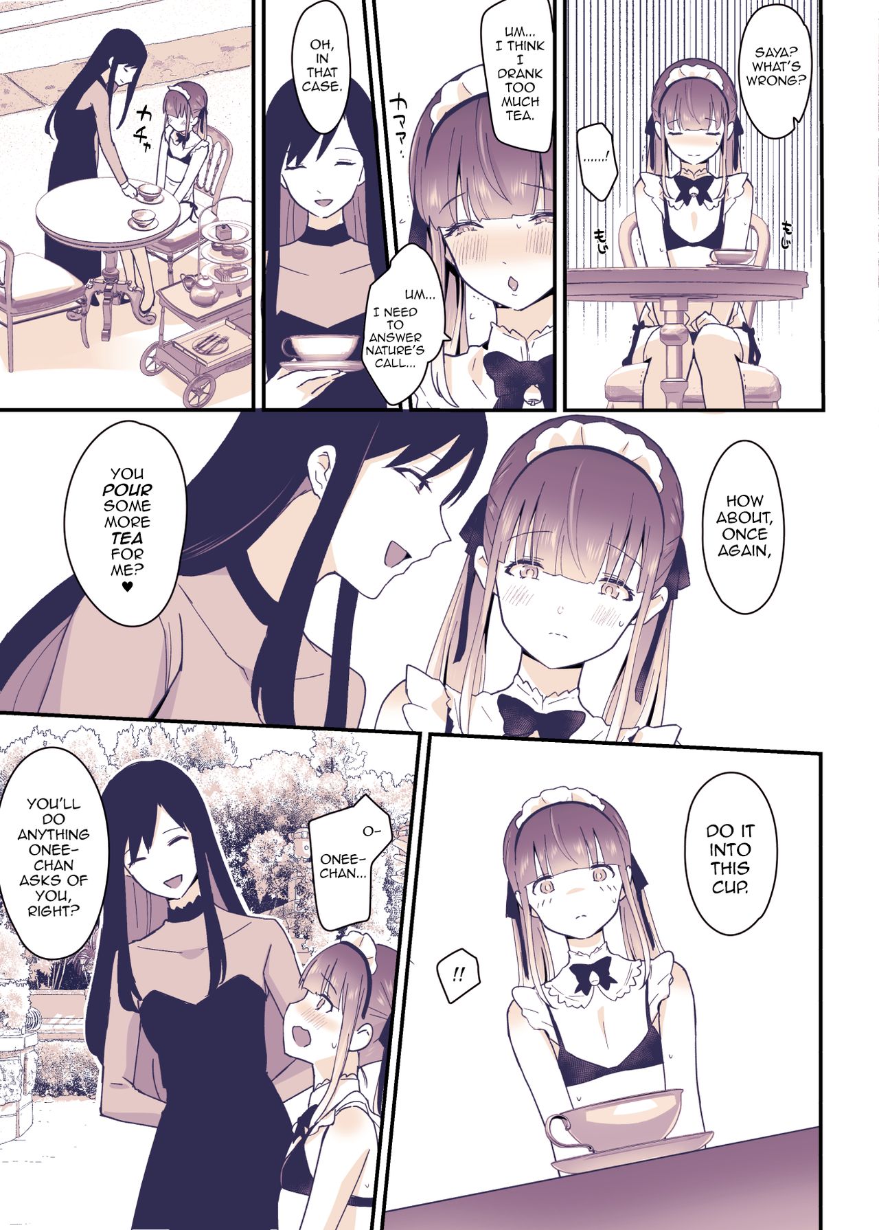 1boy, 1girls, bangs, bikini, boku wa onee-chan no imouto, bowtie, brother, brother and sister, crossdressing, cup, doujinshi, female, femboy, hair ornament, long hair, maid headdress, male, panels, sennomori maitake, sister, table, text bubble, trap, twintails, uratari