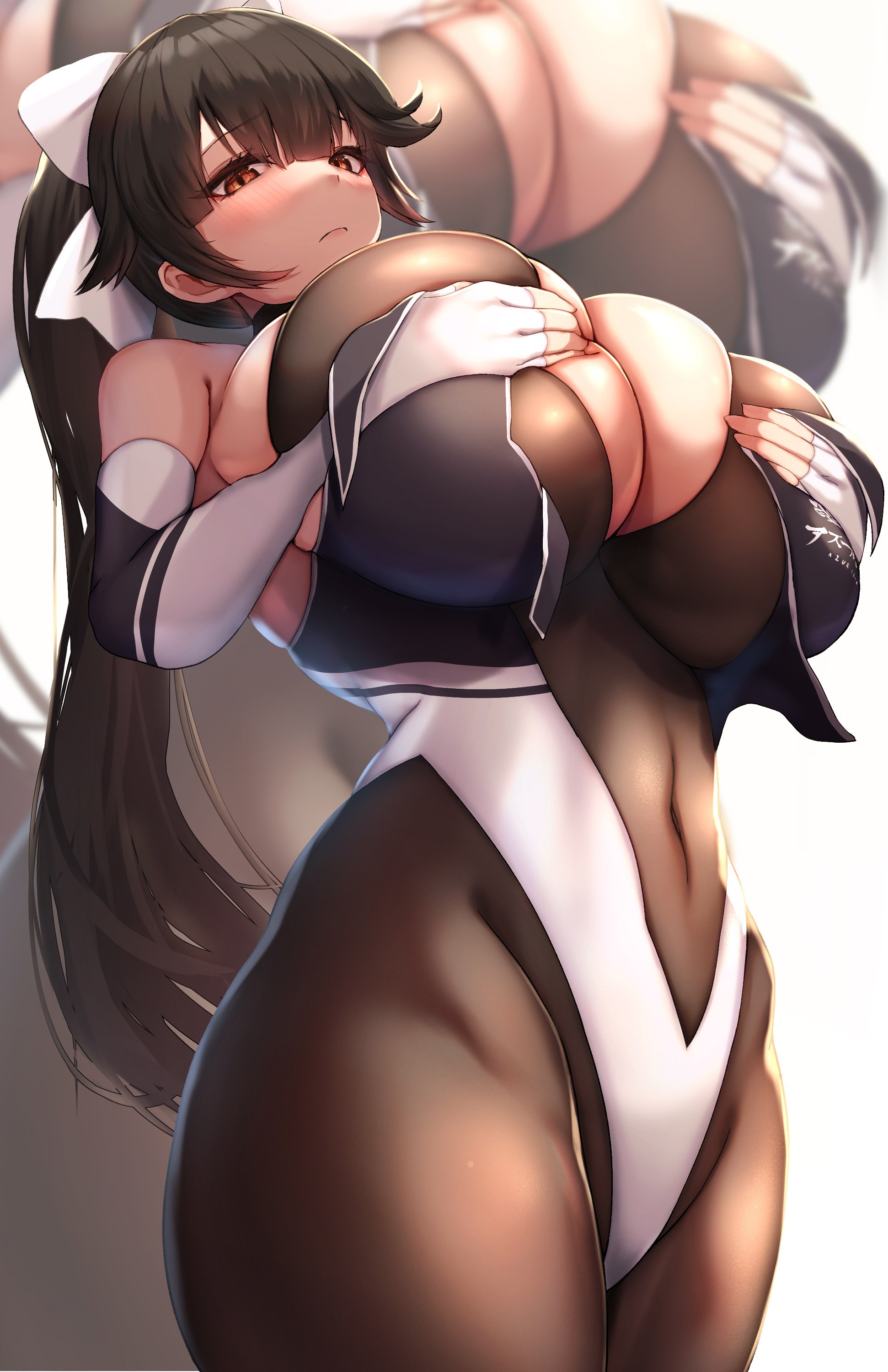 1girls, 2022, azur lane, barely contained, black hair, bodystocking, bow, bow in hair, breasts, brown eyes, cleavage, female, female only, hi res, hips, holding breasts, huge breasts, long hair, long ponytail, looking at viewer, looking down, massive breasts, ponytail, race queen, simple background, slim waist, takao (azur lane), takao (full throttle charmer) (azur lane), thick thighs, thighs, tiri man, wide hips