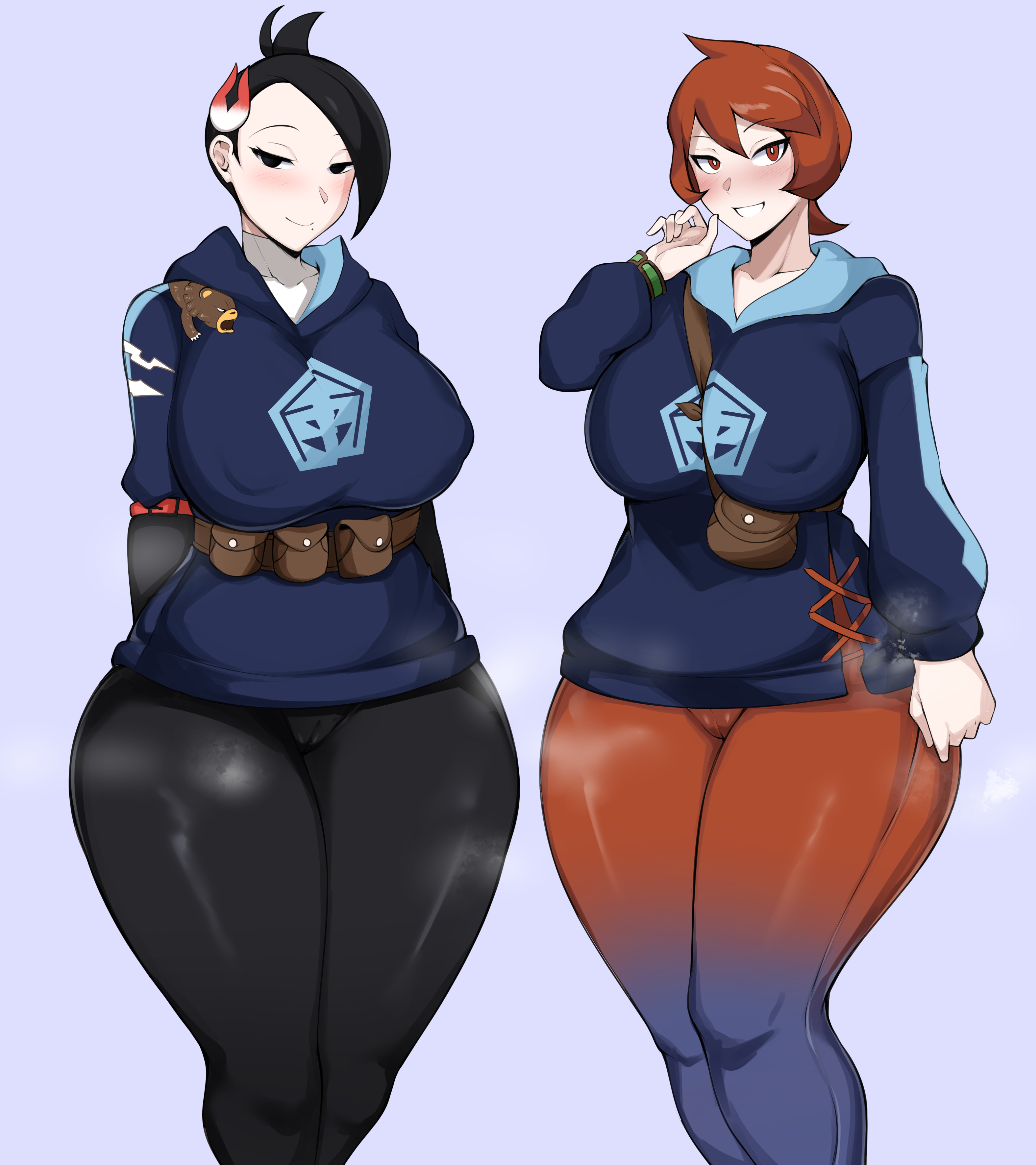 2girls, absurd res, arezu (pokemon), big breasts, blush, breasts, cameltoe, digital media (artwork), eye contact, female, female only, game freak, high resolution, looking at viewer, mai (pokemon legends), nintendo, owner (artist), pokemon, pokemon (game), pokemon legends: arceus, pussy, red eyes, red hair, short hair, smile, standing, thick thighs, thighs, tight pants, voluptuous, wide hips