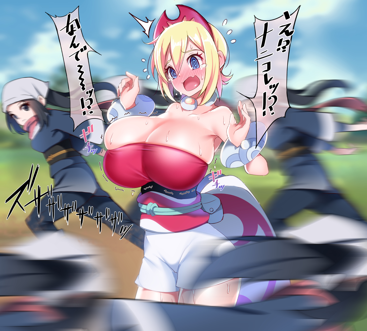 2girls, akari (pokemon), alternate breast size, big breasts, blonde hair, blue eyes, blue hair, breast expansion, breast growth, breast growth (enlargement), breasts, female, female only, huge breasts, irida (pokemon), kippuru, long hair, nintendo, pokemon, pokemon legends: arceus, short hair, tight clothing