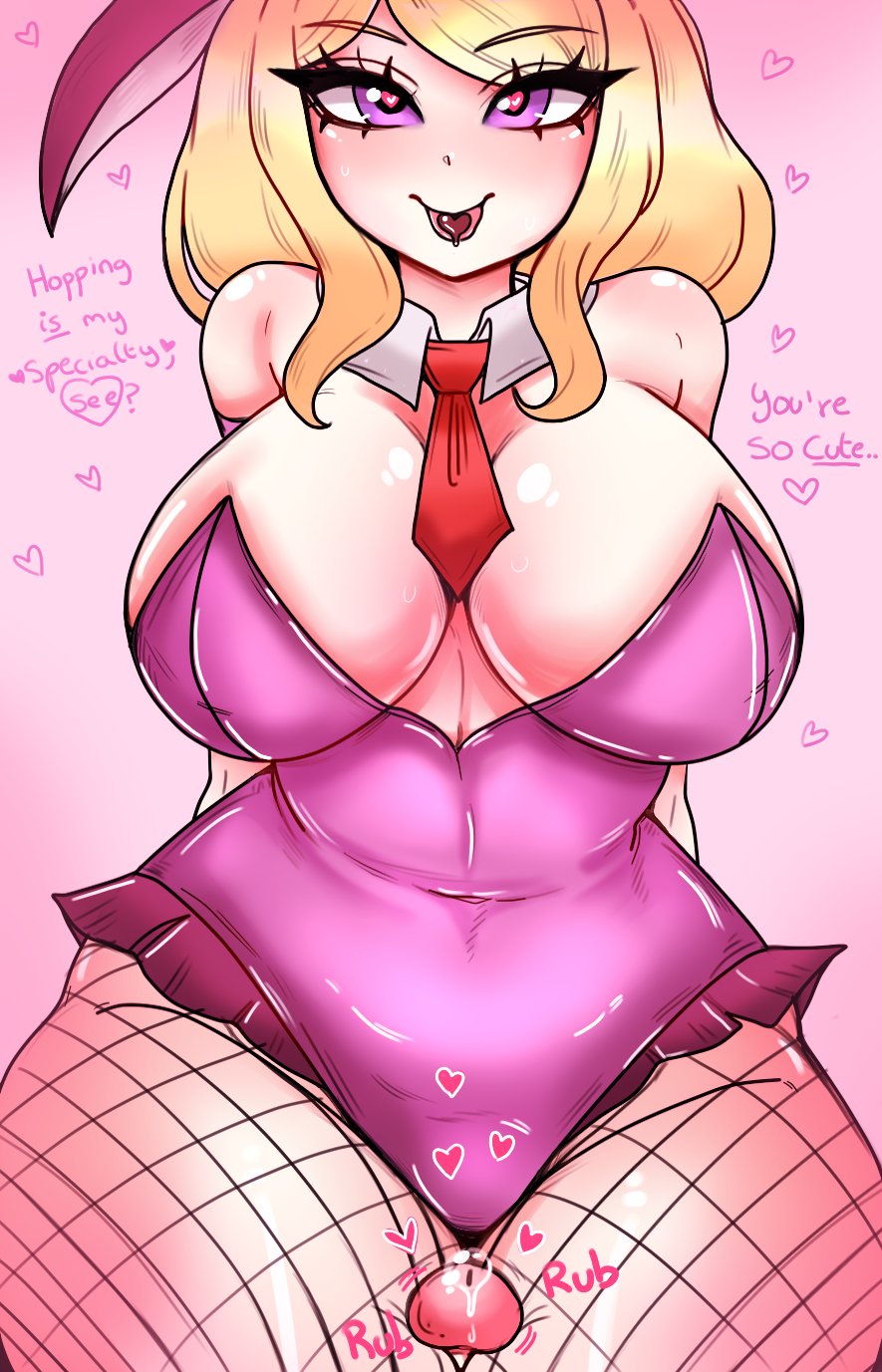 1boy, 1girls, akamatsu kaede, blonde hair, breasts, bunny ears, cleavage, clover jello, danganronpa, danganronpa v3, dialogue, female, fishnets, heart-shaped pupils, large breasts, long hair, looking at viewer, male, male pov, necktie, necktie between breasts, pov, straight hair, text, thigh sex