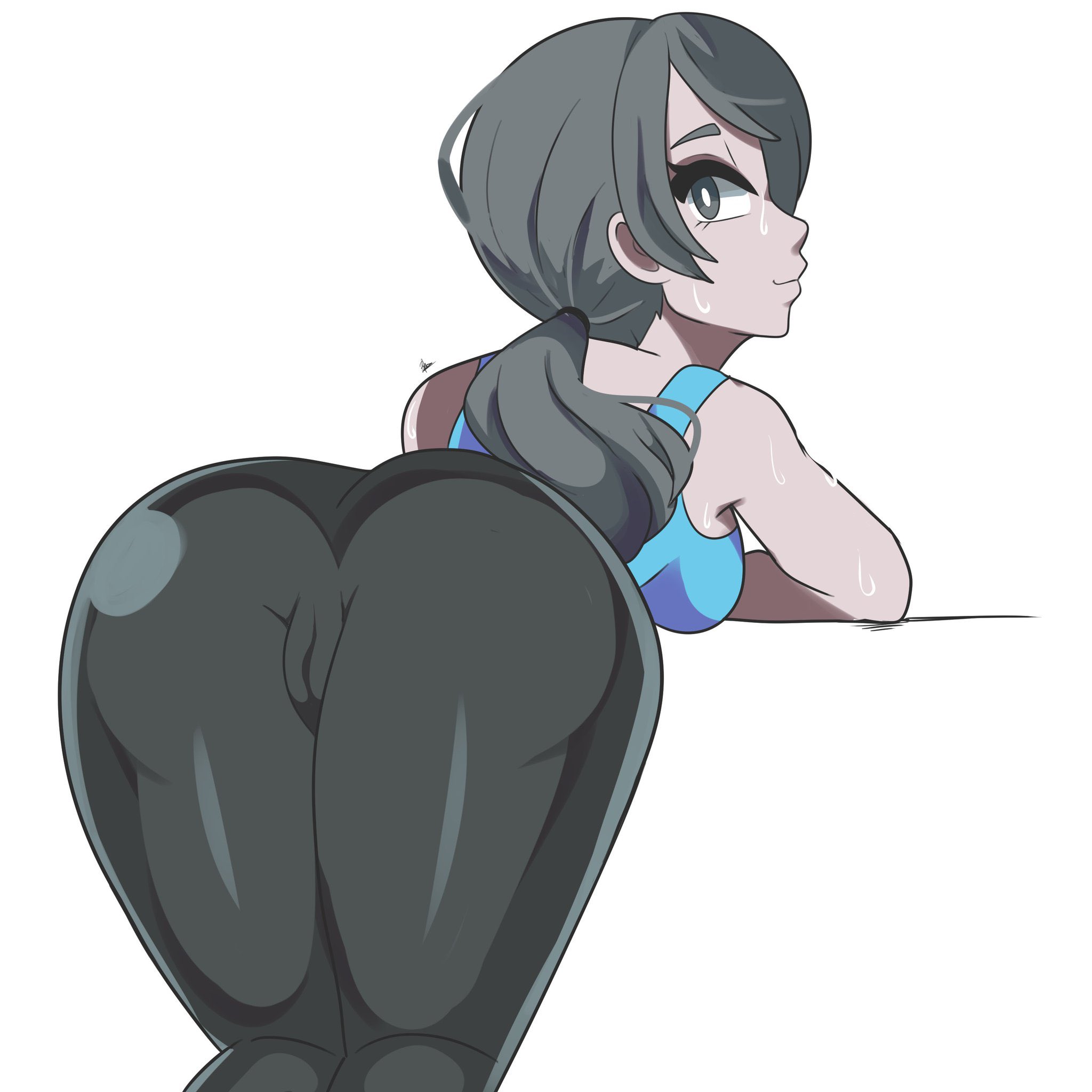 1girls, bending over, cameltoe, digicheeze, female, female only, leaning forward, nintendo, pussy, solo, sweat, white background, white skin, wii fit, wii fit trainer, wii fit trainer (female), yoga pants