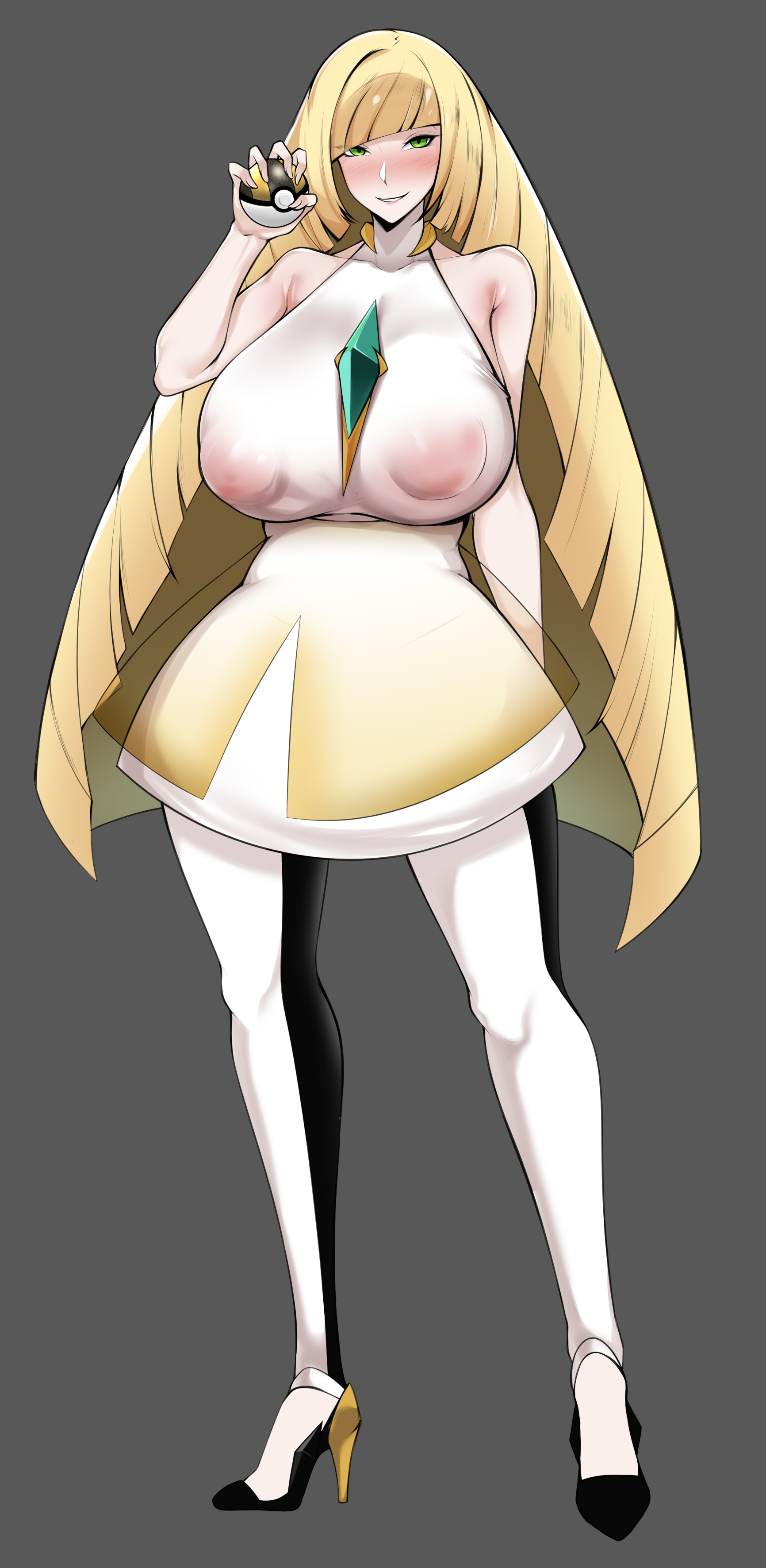 1girls, absurd res, alternate breast size, big breasts, blonde hair, blush, breasts, eye contact, female, game freak, green eyes, grey background, high resolution, huge breasts, looking at viewer, lusamine (pokemon), mature female, milf, mother, nintendo, nipple bulge, owner (artist), pokemon, pokemon (game), pokemon sm, standing, thick thighs, wet clothes