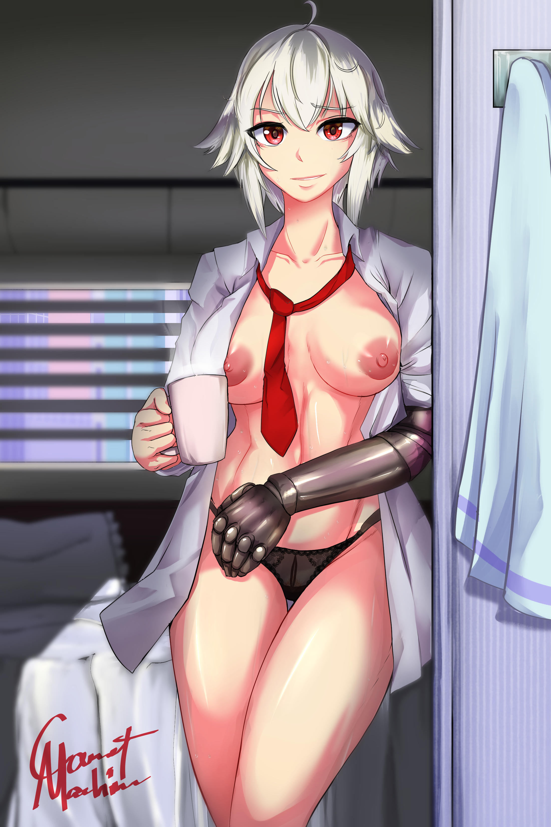 1girls, ahoge, breasts, carmach101, coffee, dana zane, female, necktie, necktie between breasts, panties, red eyes, robotic arm, short hair, solo, tomboy, topless, va-11 hall-a, white hair