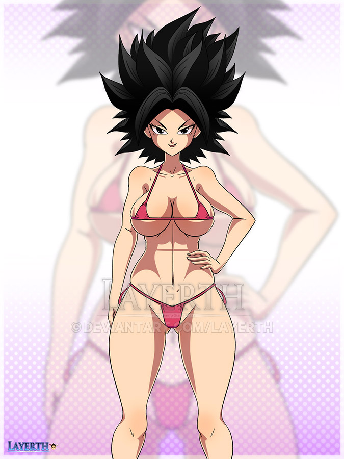 bikini black_hair caulifla dragon_ball dragon_ball_super fit_female hand_on_hip hourglass_figure large_breasts layerth looking_at_viewer pointy_hair saiyan