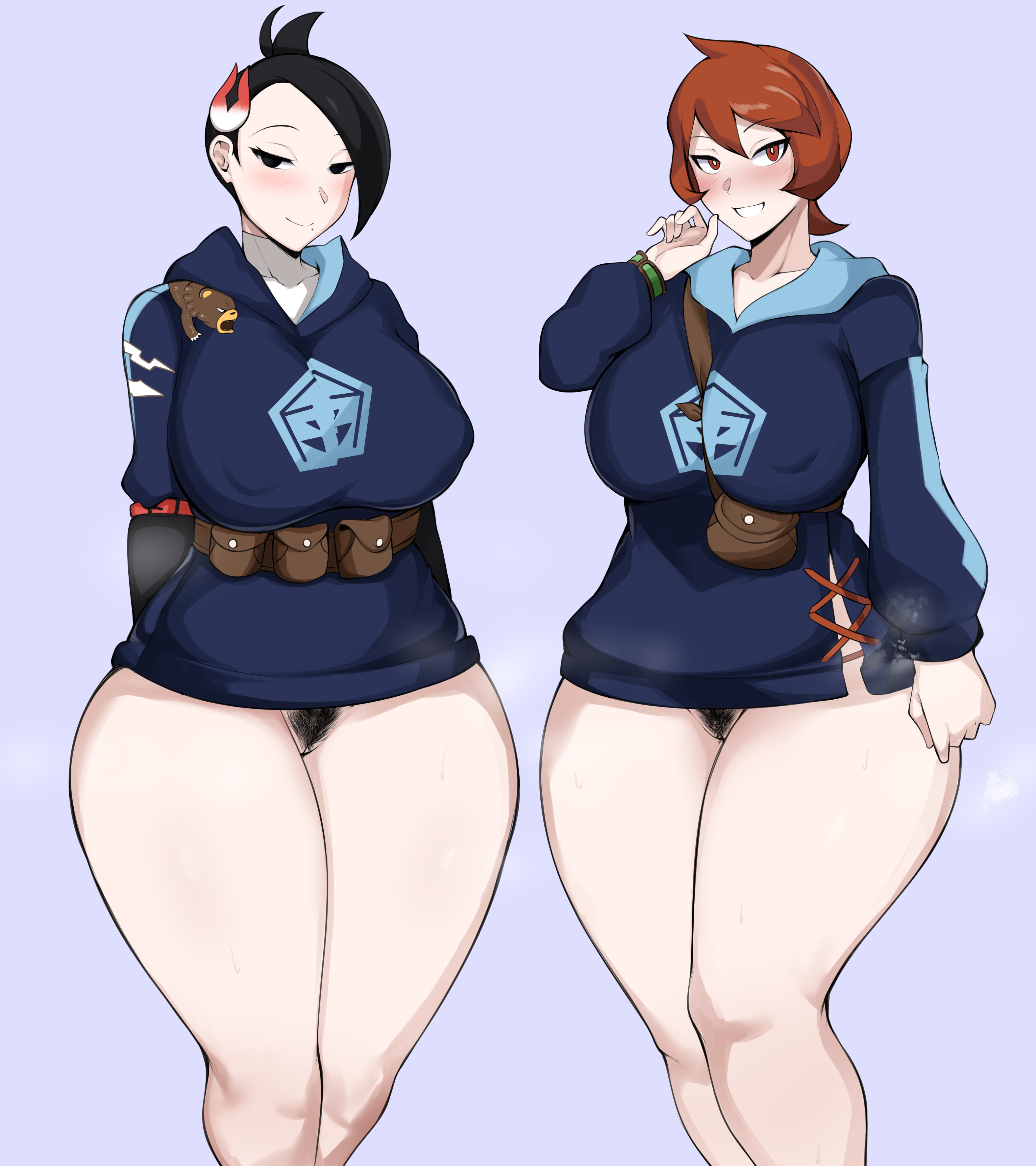2girls, absurd res, arezu (pokemon), big breasts, blush, bottomless, breasts, digital media (artwork), eye contact, female, female only, game freak, high resolution, looking at viewer, mai (pokemon legends), multiple females, multiple girls, nintendo, owner (artist), pokemon, pokemon (game), pokemon legends: arceus, pubic hair, red eyes, red hair, short hair, smile, standing, thick thighs, thighs, voluptuous, wide hips