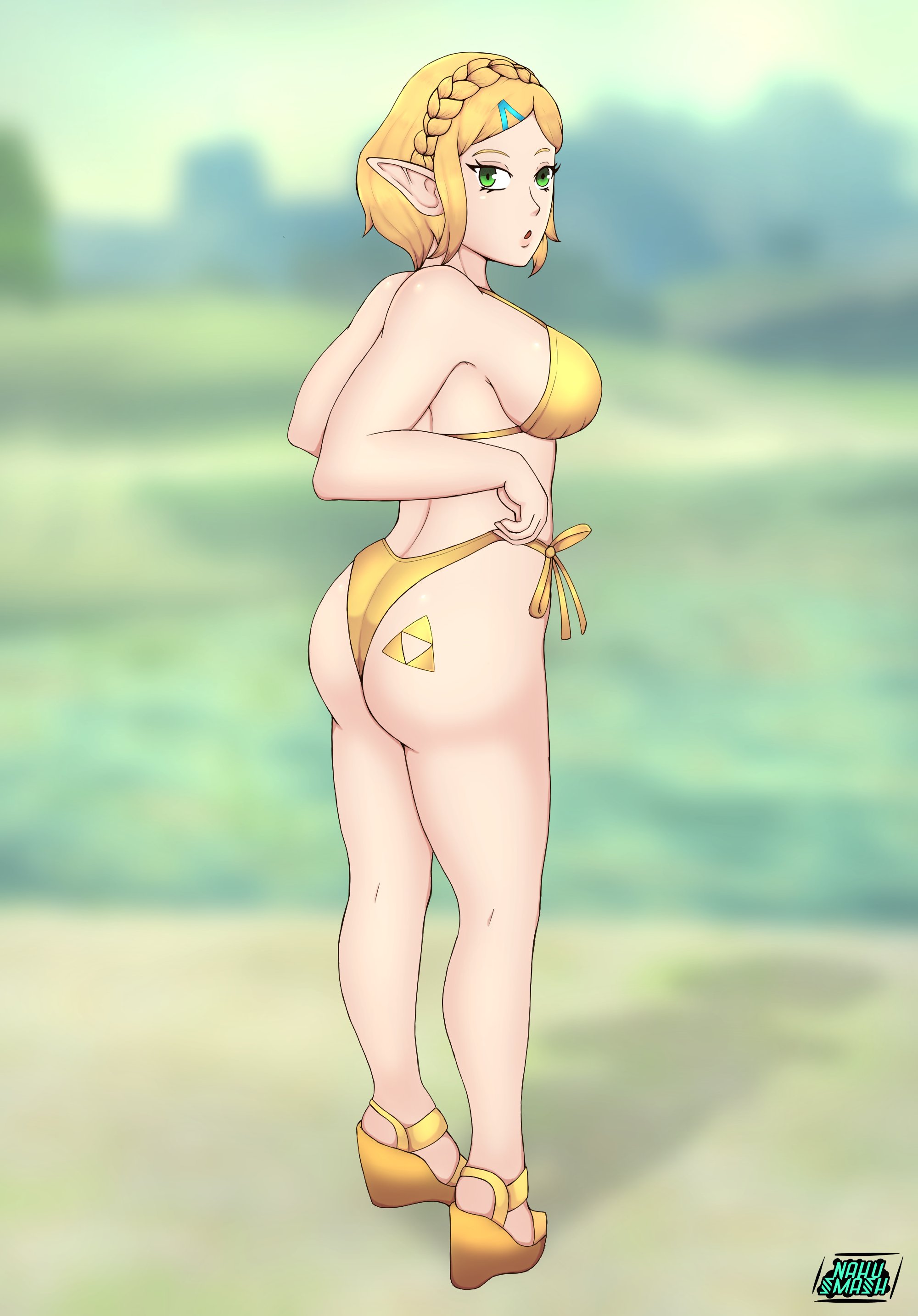 1girls, ass, bikini, blonde hair, breath of the wild, fair skin, fair-skinned female, female, female focus, female only, fully clothed, heels, high heels, light skin, light-skinned female, looking back, nahusmash, nintendo, platform heels, pointy ears, princess zelda, solo, solo female, solo focus, swimsuit, tears of the kingdom, the legend of zelda, wedge heels, zelda (tears of the kingdom)