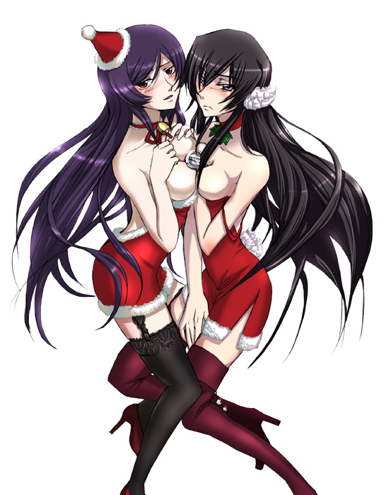 beige_skin bell black_hair blush breast_press breasts choker christmas clothes code_geass crossover dress error female female_only footwear frown garter_belt gundam gundam_00 hair hat high_heels human lace lace-trimmed_thighhighs lelouch_lamperouge long_hair looking_at_viewer luluko marimosuno mini_santa_hat multiple_girls open_eyes purple_eyes purple_hair red_eyes rule_63 santa_costume santa_hat shoes side_view symmetrical_docking thighhighs tieria_erde