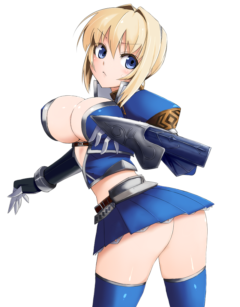 asuru azul_(armor) blonde_hair blue_eyes breasts capcom cleavage gloves grune grune_(artist) large_breasts miniskirt monster_hunter monster_hunter_frontier pointy_chin short_hair simple_background skirt thighhighs