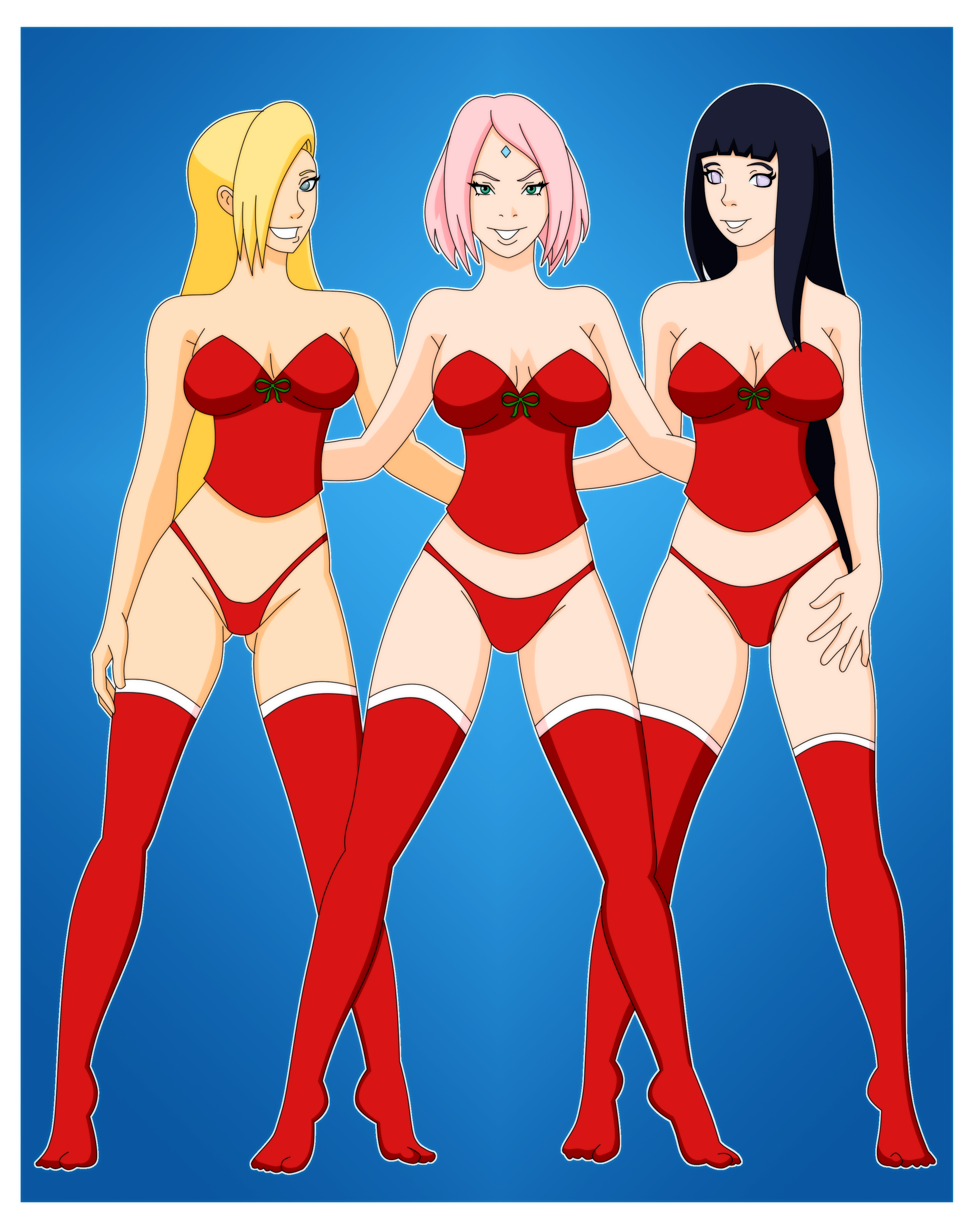 3girls, female, female only, human, hyuuga hinata, ino yamanaka, lingerie, multiple females, naruto, naruto (series), naruto: the last, pervyangel, red legwear, sakura haruno, smile, stockings