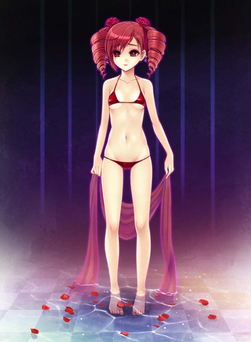 1girls amy_sorel barefoot bikini byuune female female_only navel petals pointy_chin red_eyes red_hair skinny small_breasts solo soul_calibur tagme water