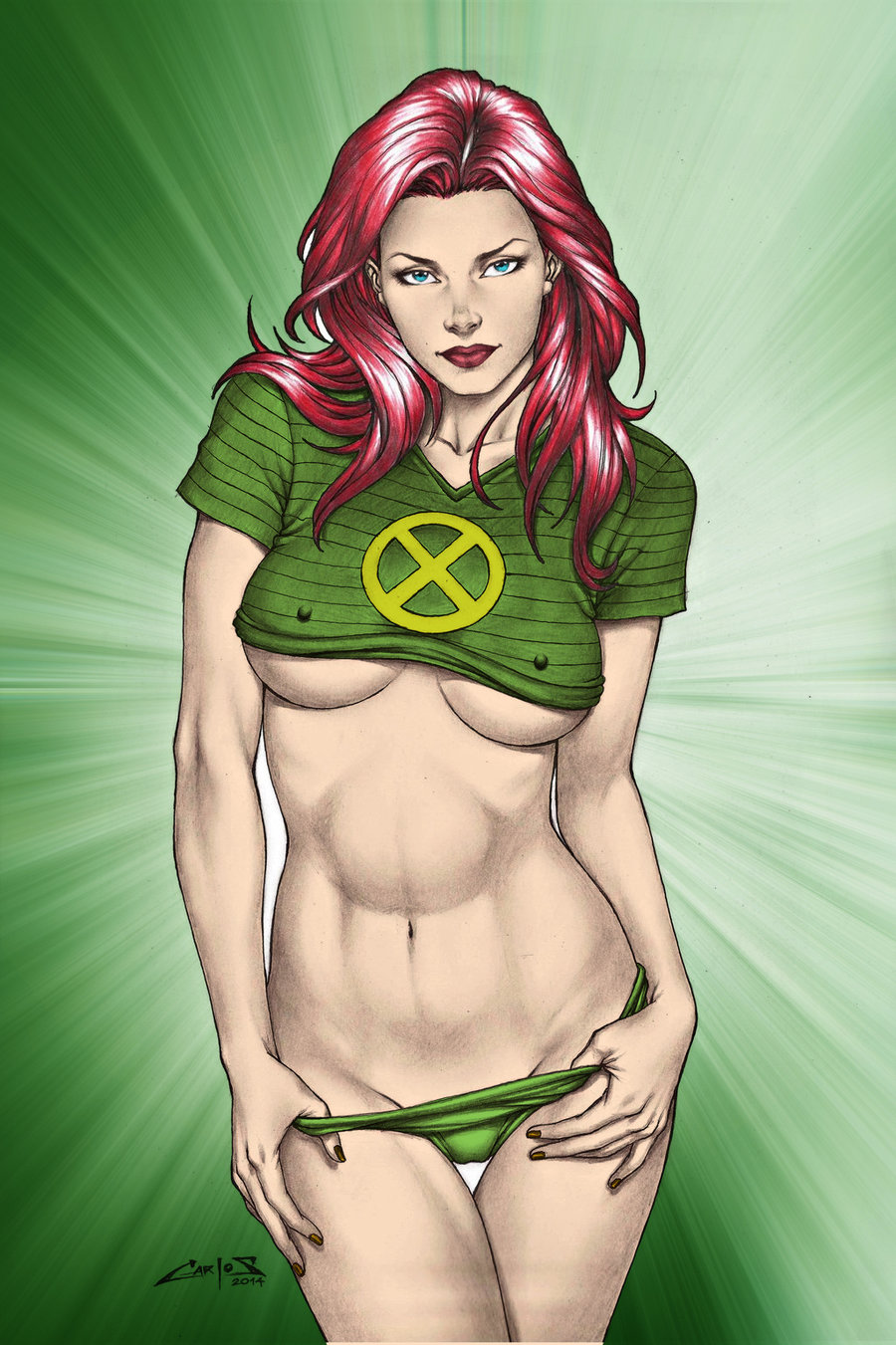 1girls, 2014, big breasts, blue eyes, breasts, carlos braga, color, colored, crop top, erect nipples, female, female only, green panties, jean grey, jmascia, large breasts, lipstick, long hair, marvel, marvel comics, navel, nipples, nipples visible through clothing, panties, red eyes, seductive look, solo, thigh gap, underboob, x-men