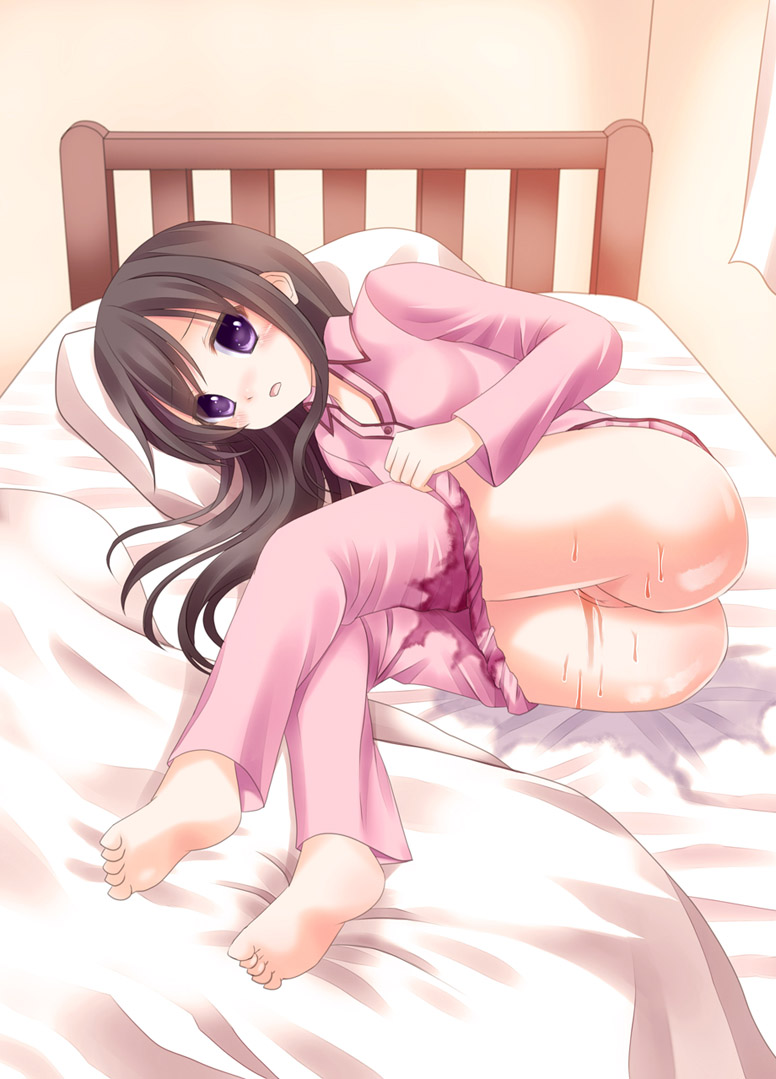 ass barefoot bed bed_sheet bedwetting black_hair blush clothing feet female ikeda_yuuki intentional_bedwetting long_hair lying no_panties on_side open_mouth original pajamas purple_eyes pussy revision sheet solo thighs tongue uncensored wet wet_clothes young