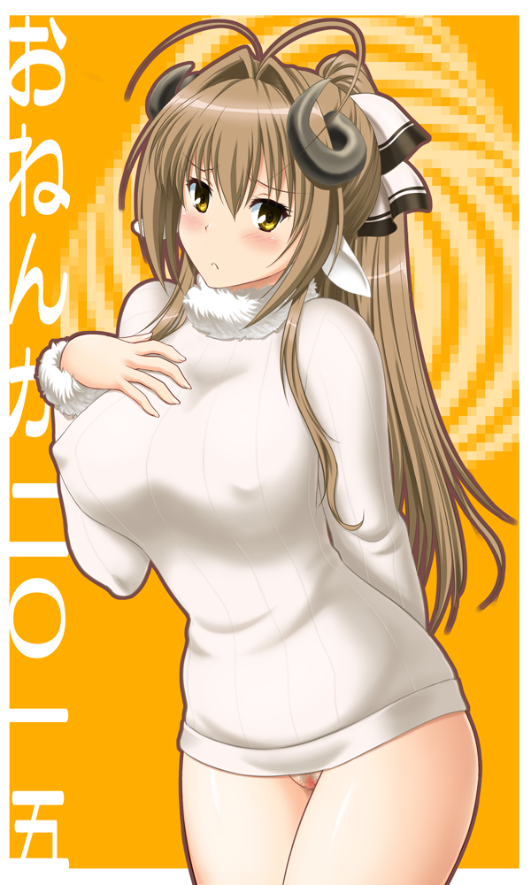 amagi_brilliant_park antenna_hair blush bow breasts brown_eyes female female long_hair looking_at_viewer pussy sento_isuzu solo sweater tanuki_yousuke