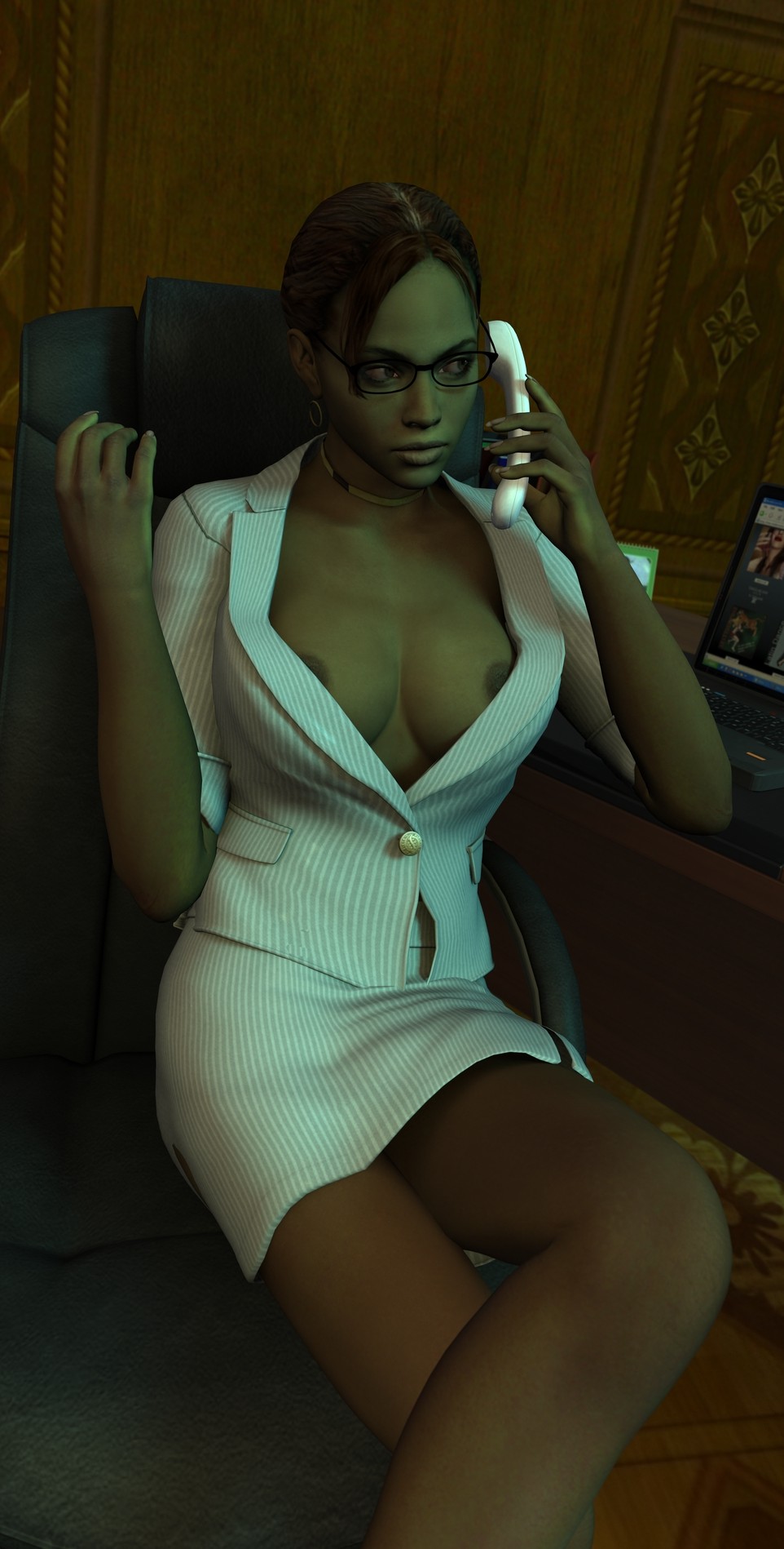 3d areola_slip breasts brown_hair capcom cleavage computer dark-skinned_female dark_skin earrings female female_only glasses highres human laptop legs_crossed no_bra phone resident_evil resident_evil_5 sasha2000dog sheva_alomar short_hair sitting skirt solo suit white_skirt white_suit