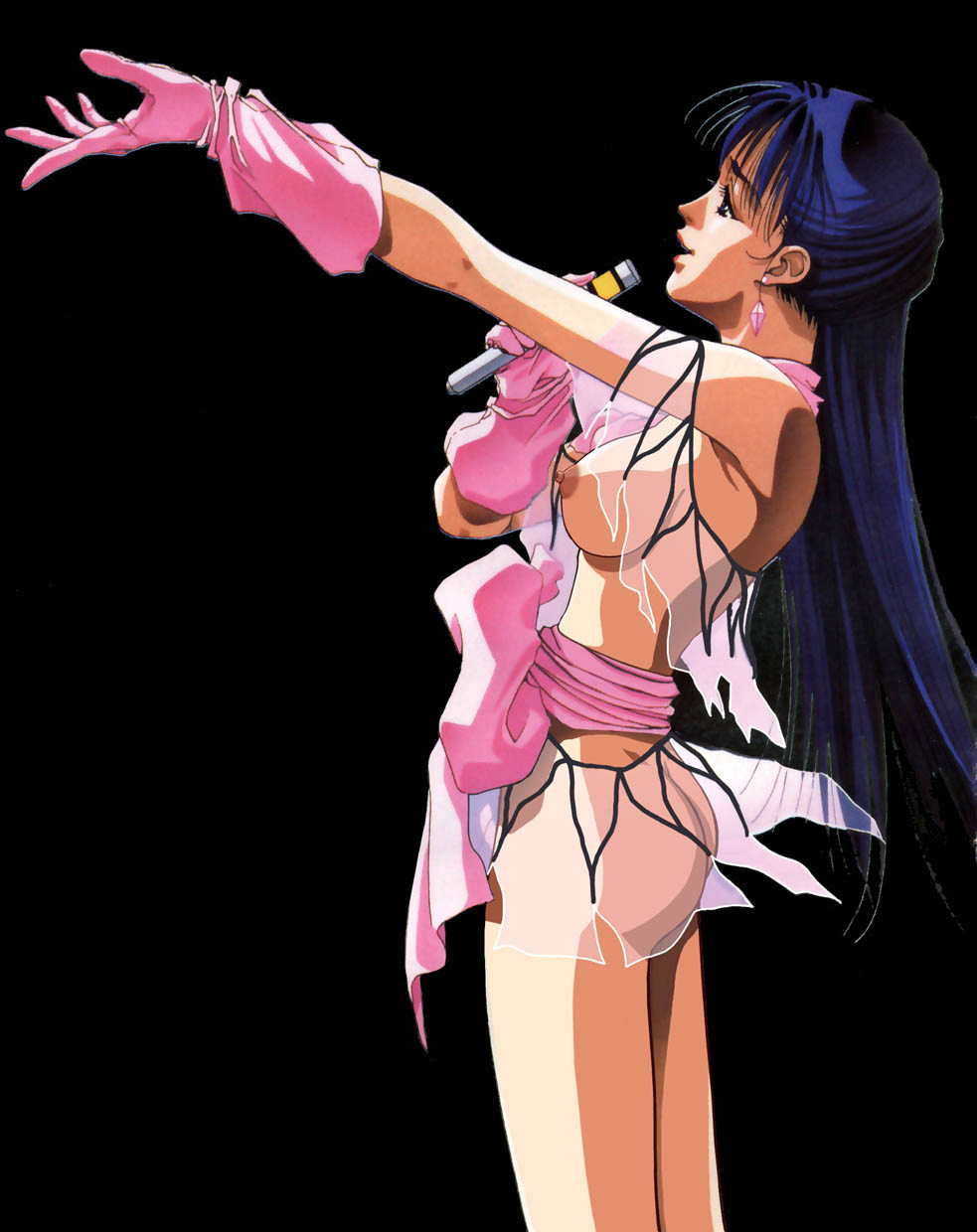 1girls 80s ass black_background blue_hair breasts clothing curvaceous dress edit female gloves human idol large_breasts light-skinned_female light_skin long_hair lynn_minmay macross medium_breasts microphone mikimoto_haruhiko nipples nude_filter official_art robotech singing solo super_dimension_fortress_macross