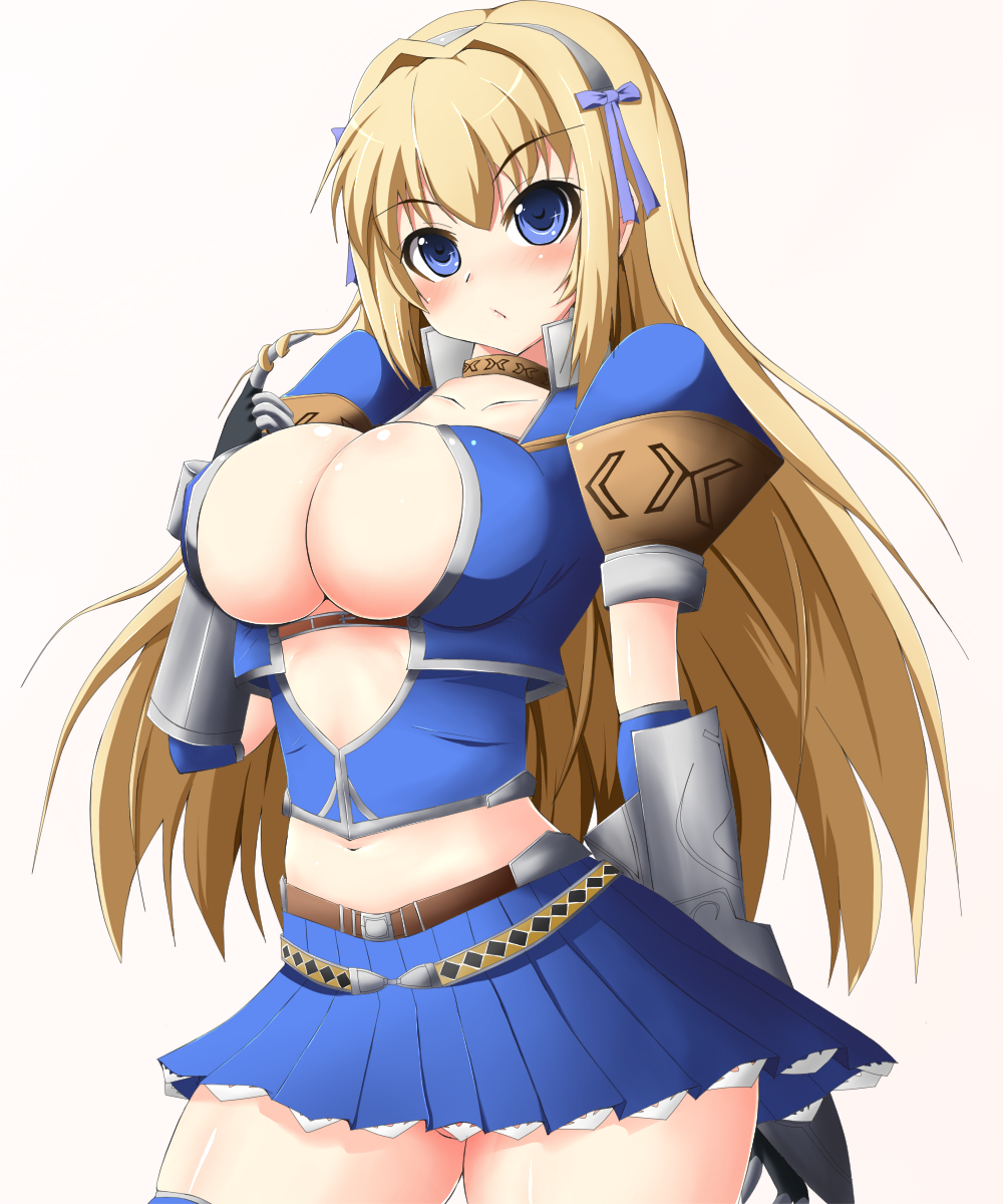 asuru blonde_hair blue_eyes blush breasts capcom cleavage elbow_gloves gloves headband highres large_breasts long_hair midriff miniskirt mokuze monster_hunter monster_hunter_frontier navel pointy_chin short_skirt skirt thighhighs ututunoyume